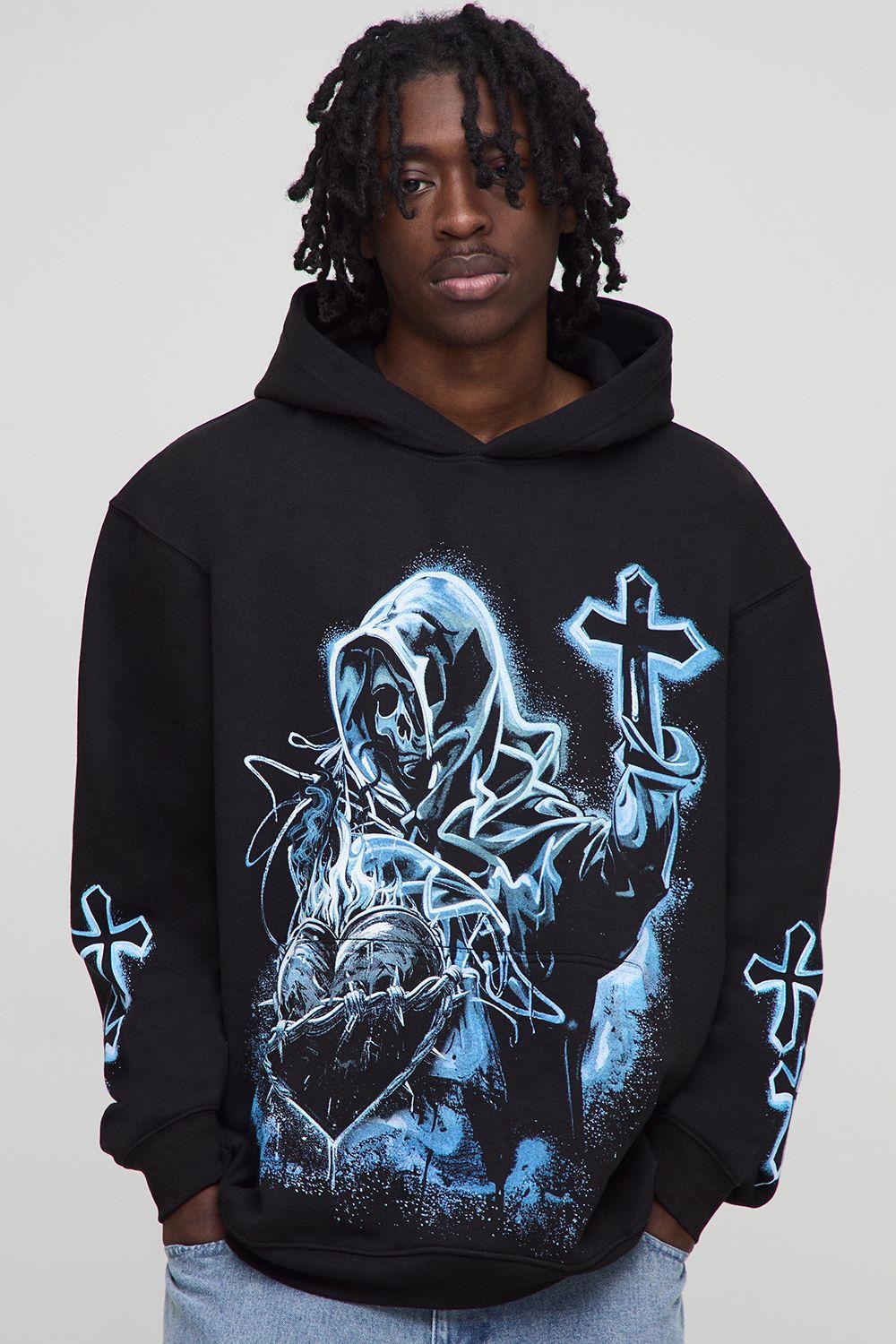 Black Oversized Graffiti Spray Skull Graphic Printed Hoodie by BOOHOOMAN