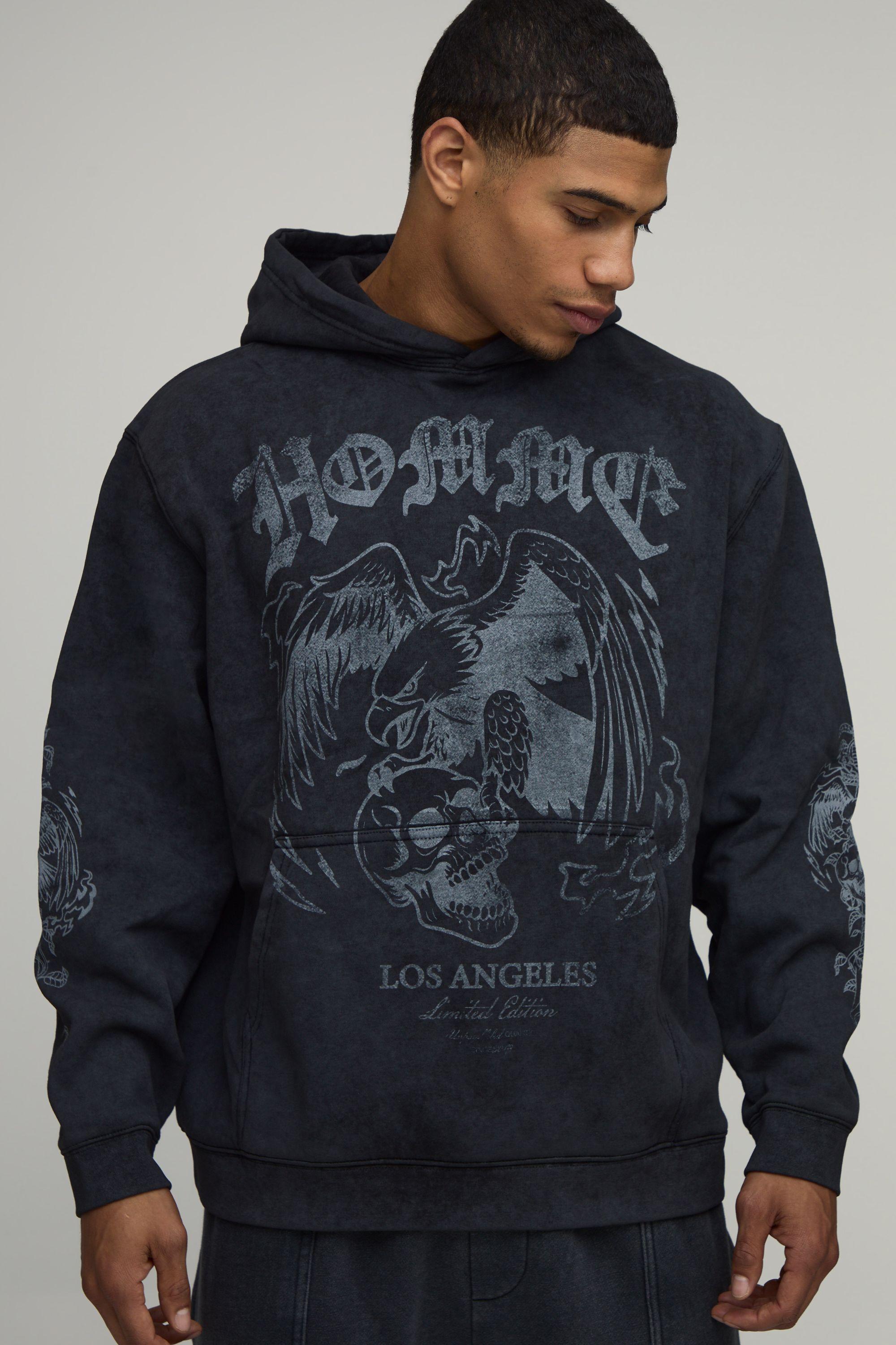 Black Oversized Graphic Acid Wash Hoodie by BOOHOOMAN
