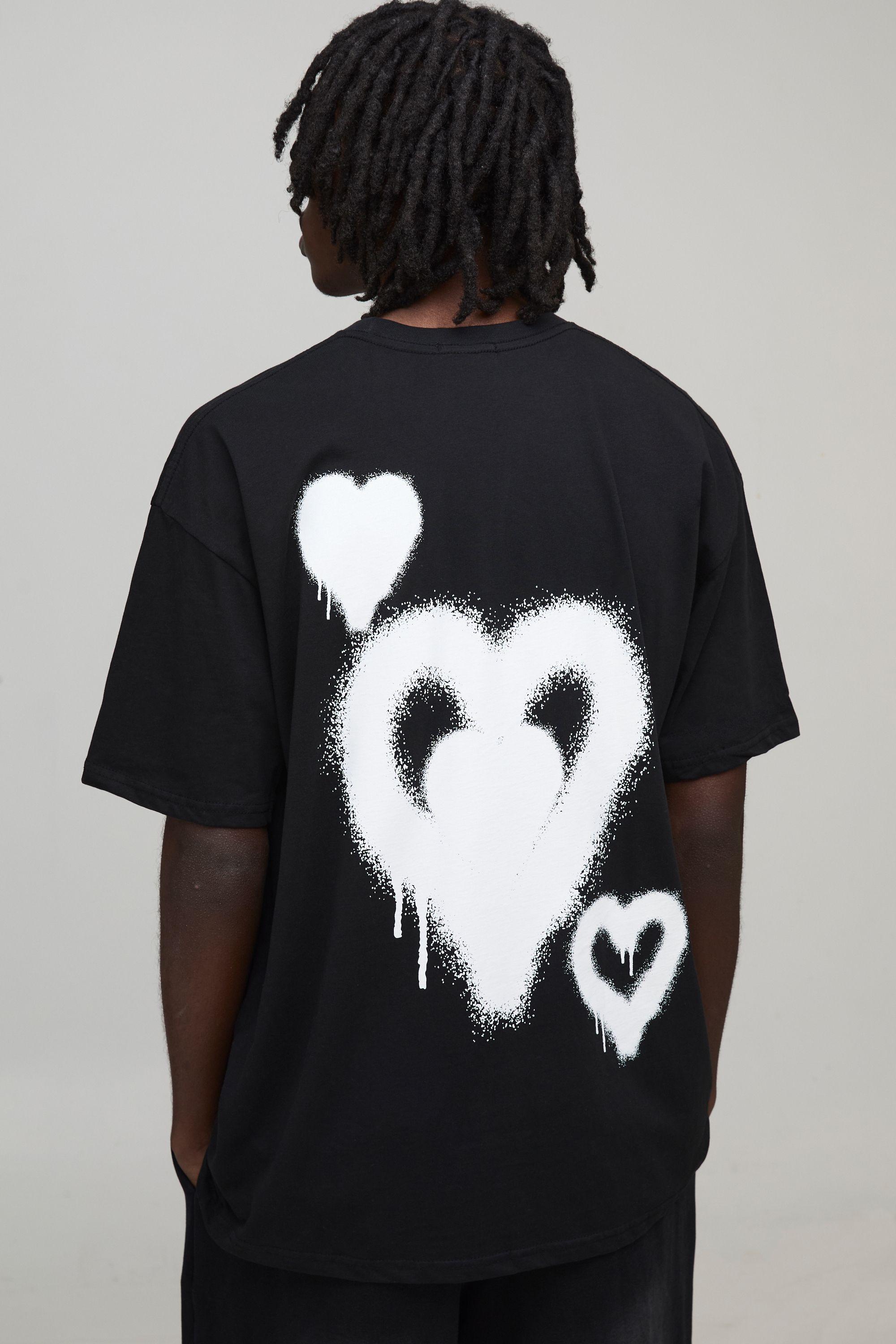 Black Oversized Heart Print T-Shirt by BOOHOOMAN