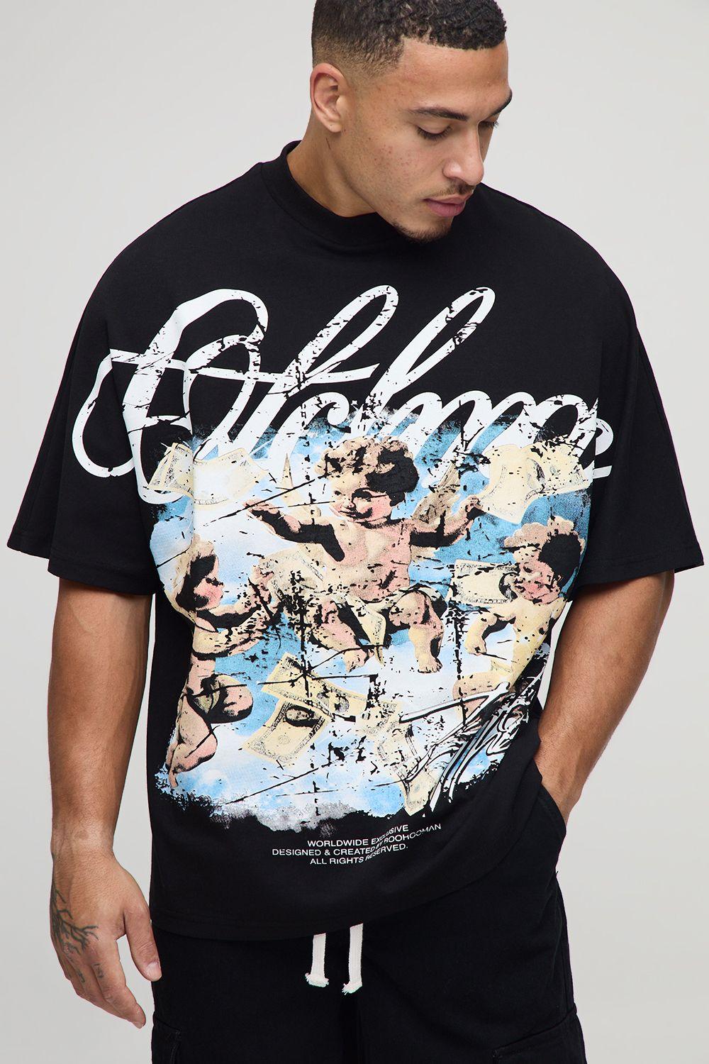 Black Oversized Heavyweight Large Scale Print Cupid T-Shirt by BOOHOOMAN