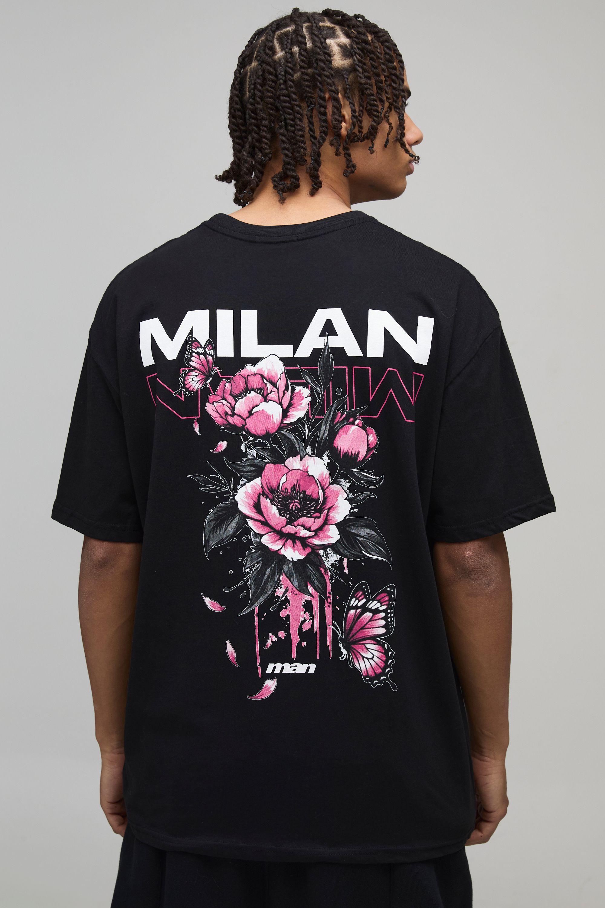 Black Oversized Milan Floral Print T-Shirt by BOOHOOMAN