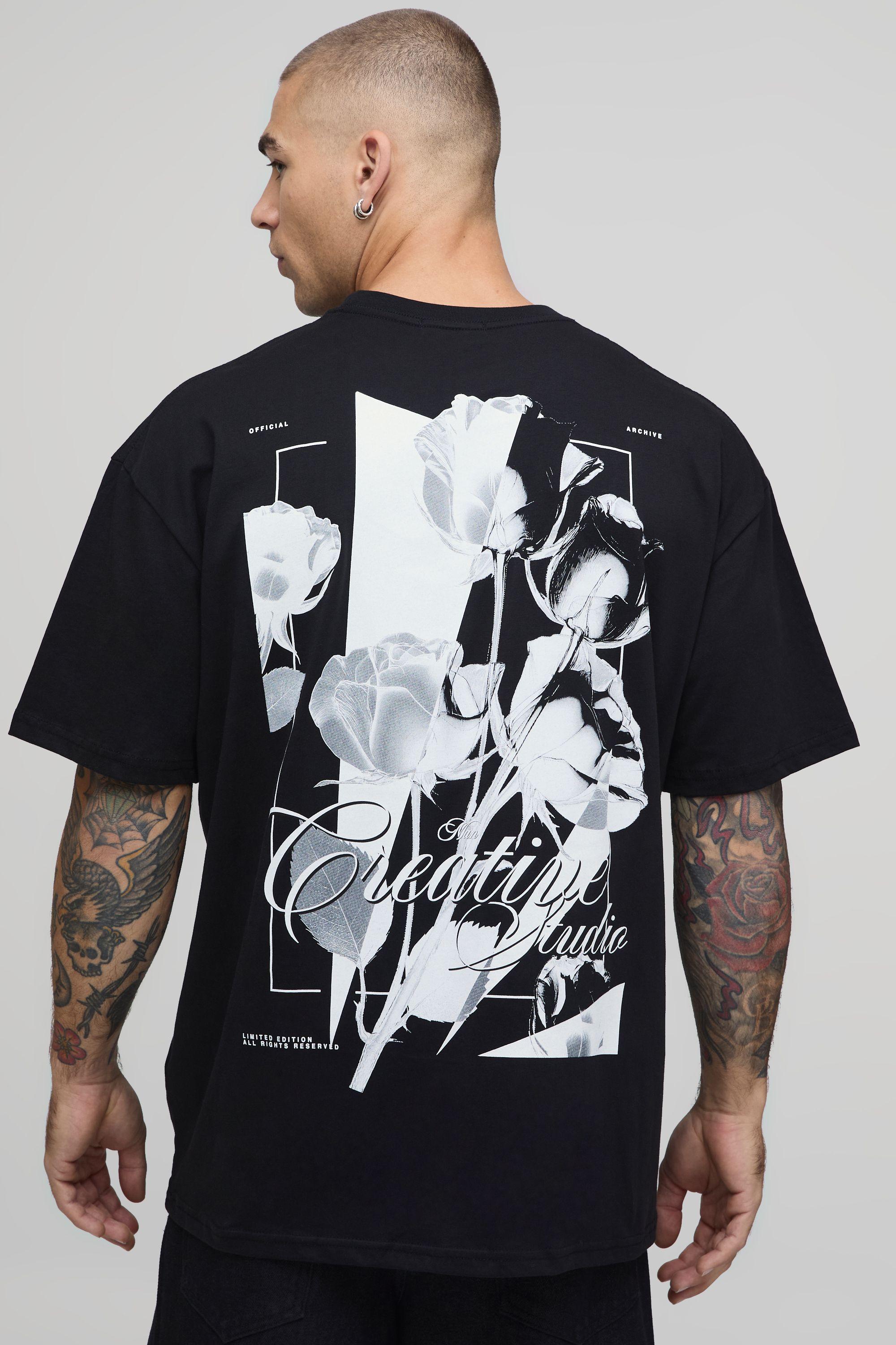 Black Oversized Mono Floral Print T-Shirt by BOOHOOMAN