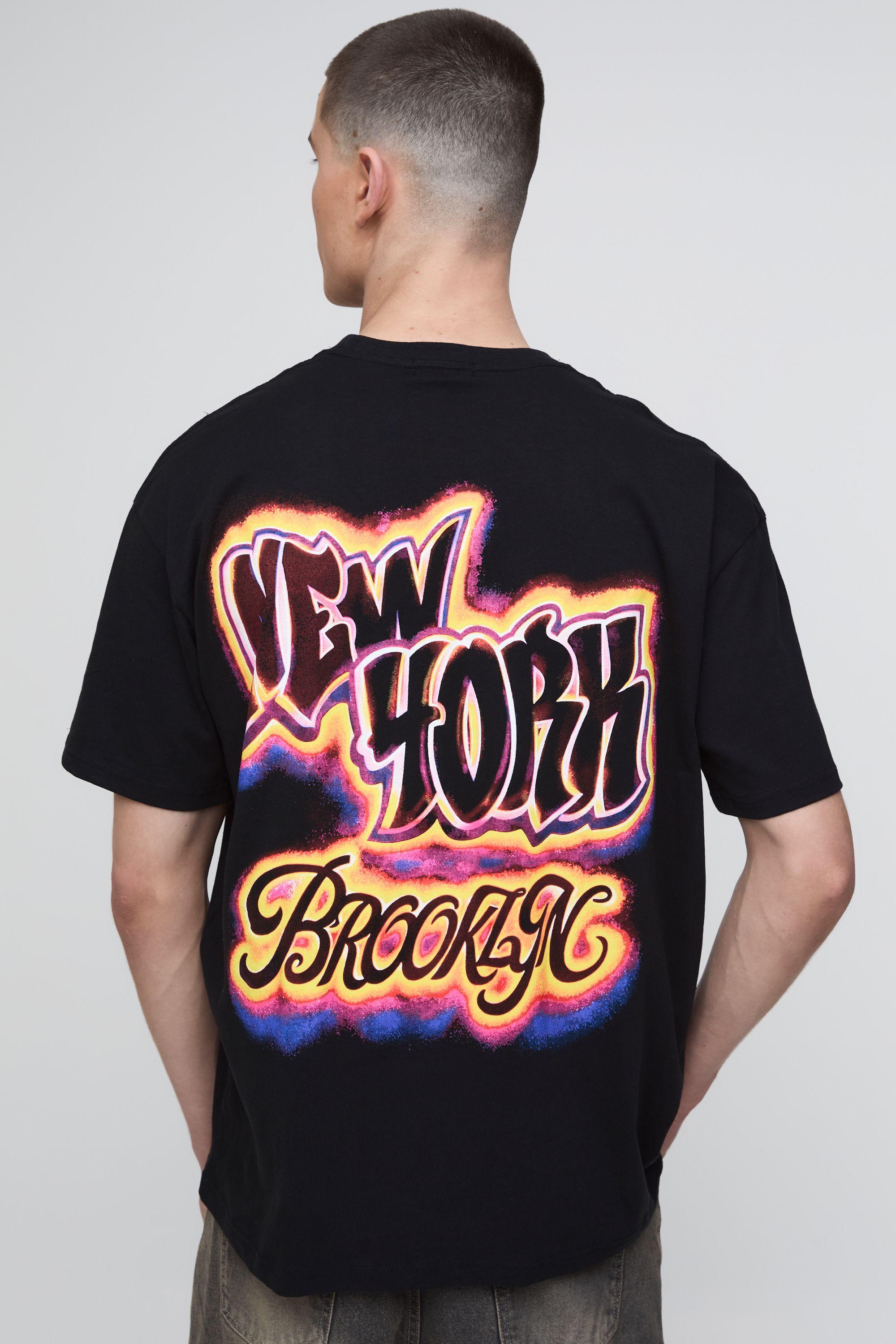 Black Oversized New York Airbrushed Print T-Shirt by BOOHOOMAN