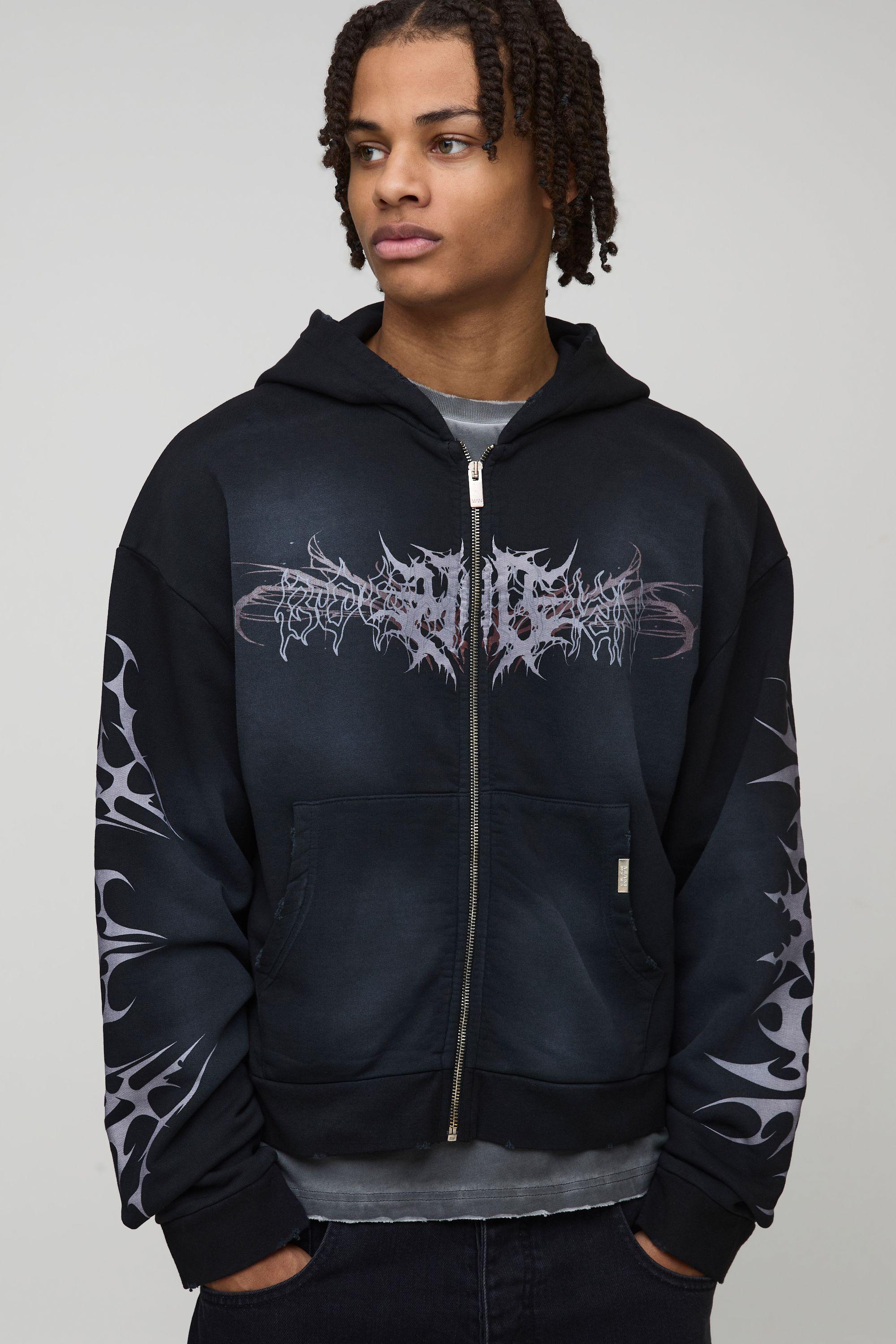 Black Oversized Premium Man Gothic Spray Wash Zip Through Hoodie by BOOHOOMAN Black Oversized Premium Man Gothic Spray Wash Zip Through Hoodie by BOOHOOMAN
