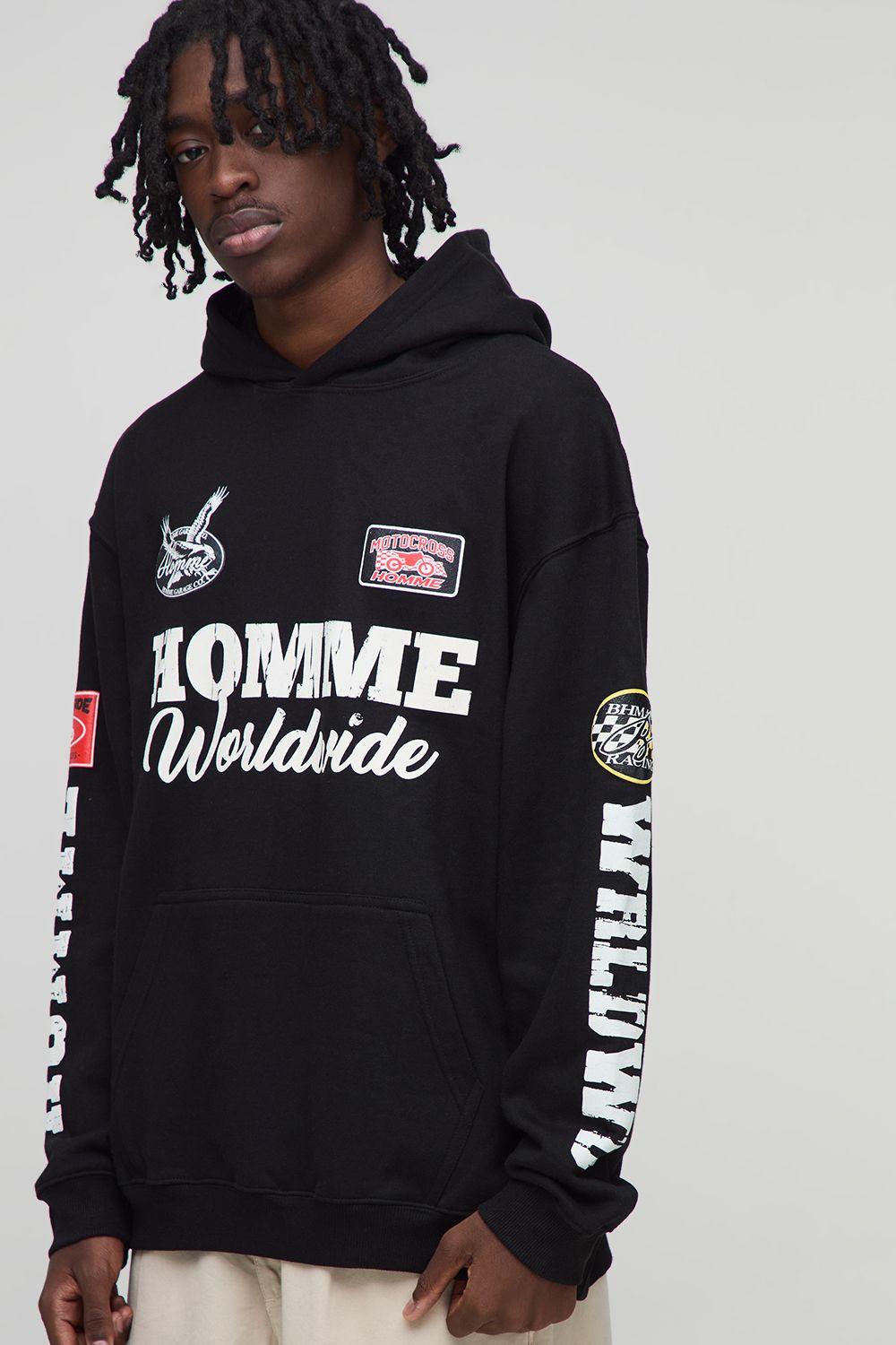 Black Oversized Puff Print Moto Badge Printed Hoodie by BOOHOOMAN