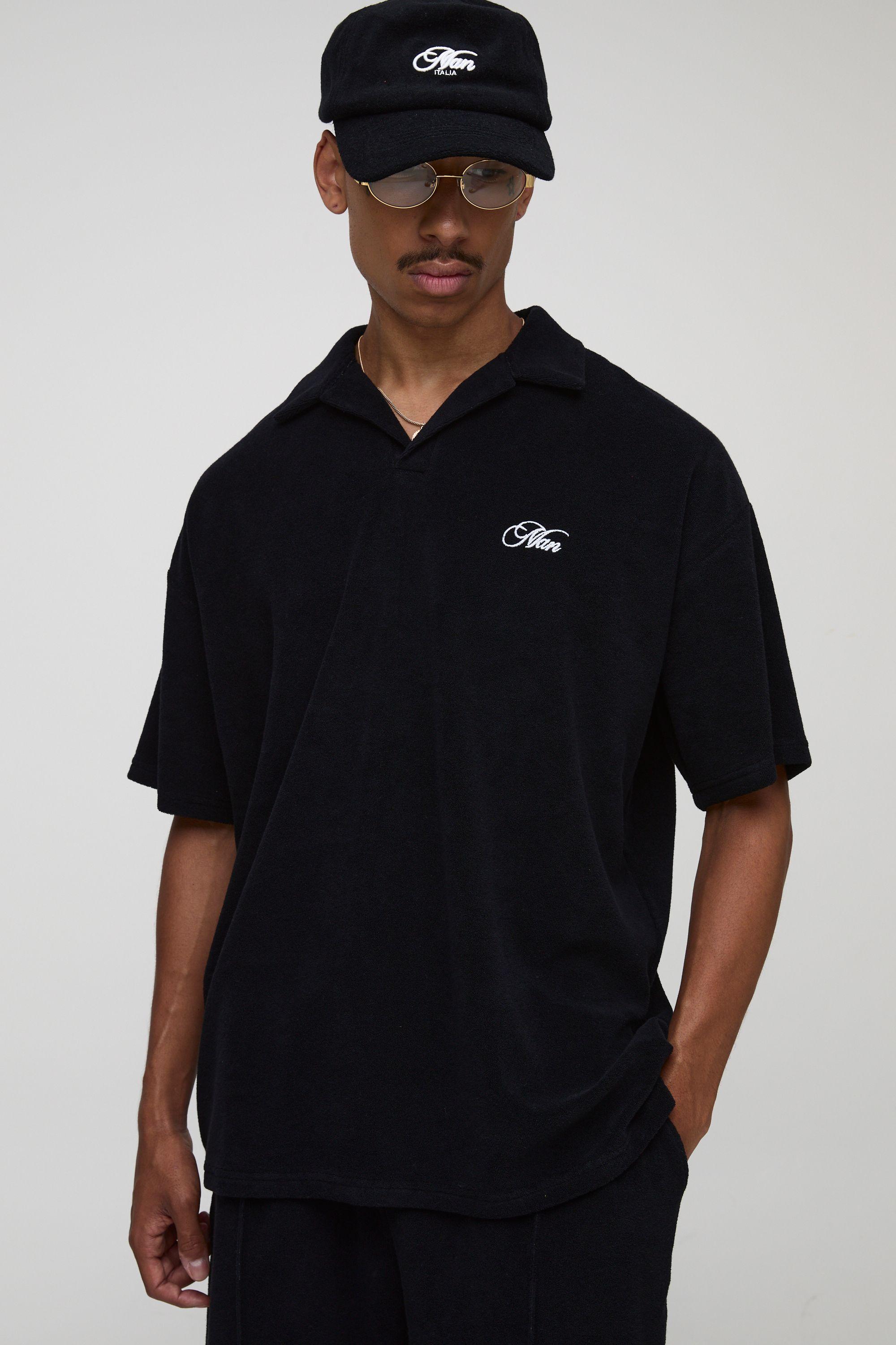 Black Oversized Revere Embroidered Towelling Polo by BOOHOOMAN