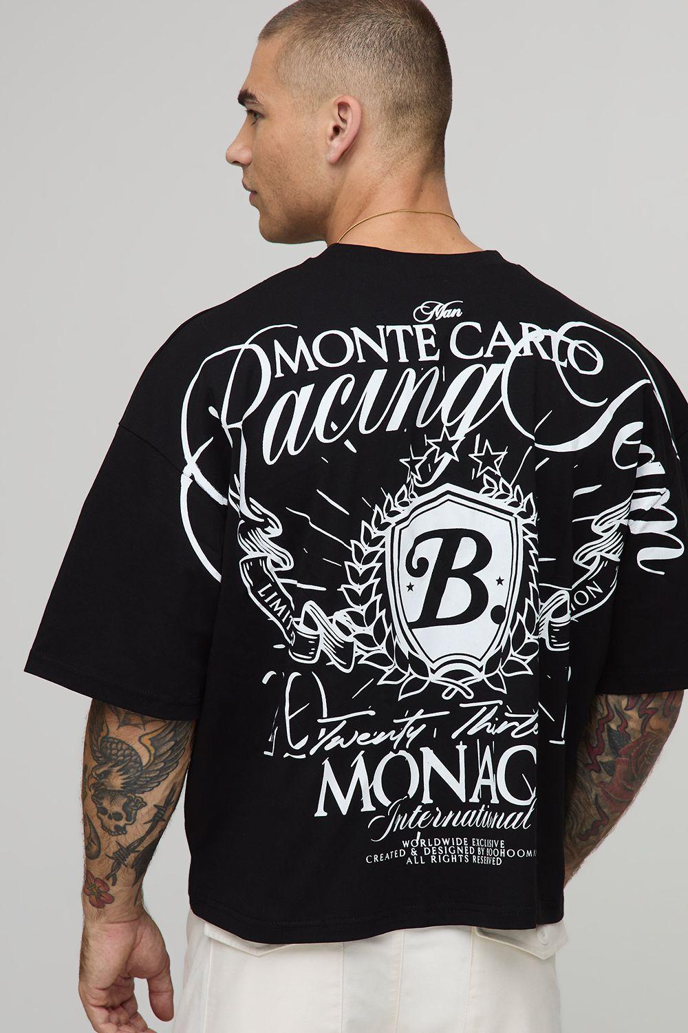 Black Oversized Shrunken Boxy Over Seam Racing Team Printed T-shirt by BOOHOOMAN