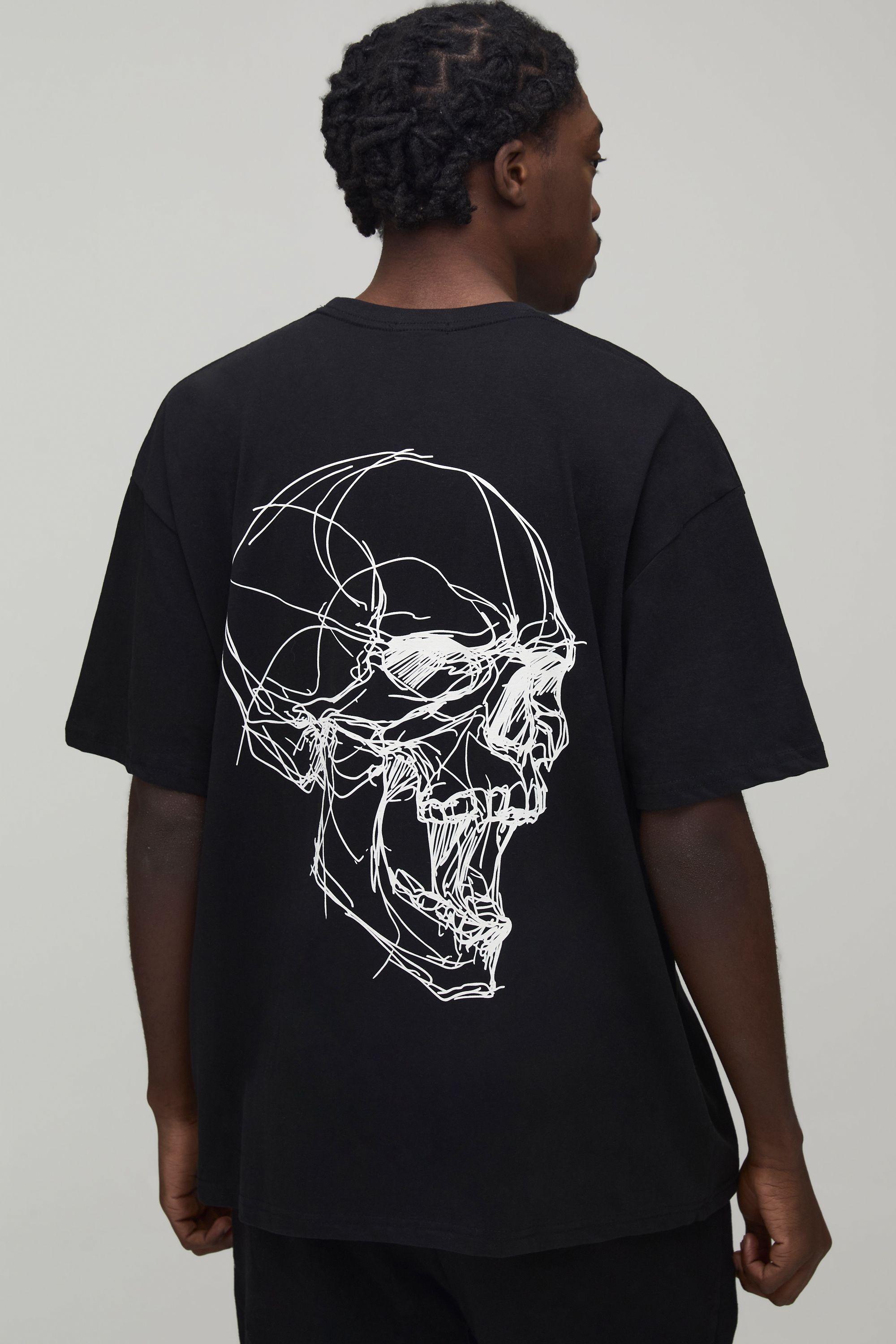 Black Oversized Skull Line Drawing Print T-Shirt by BOOHOOMAN