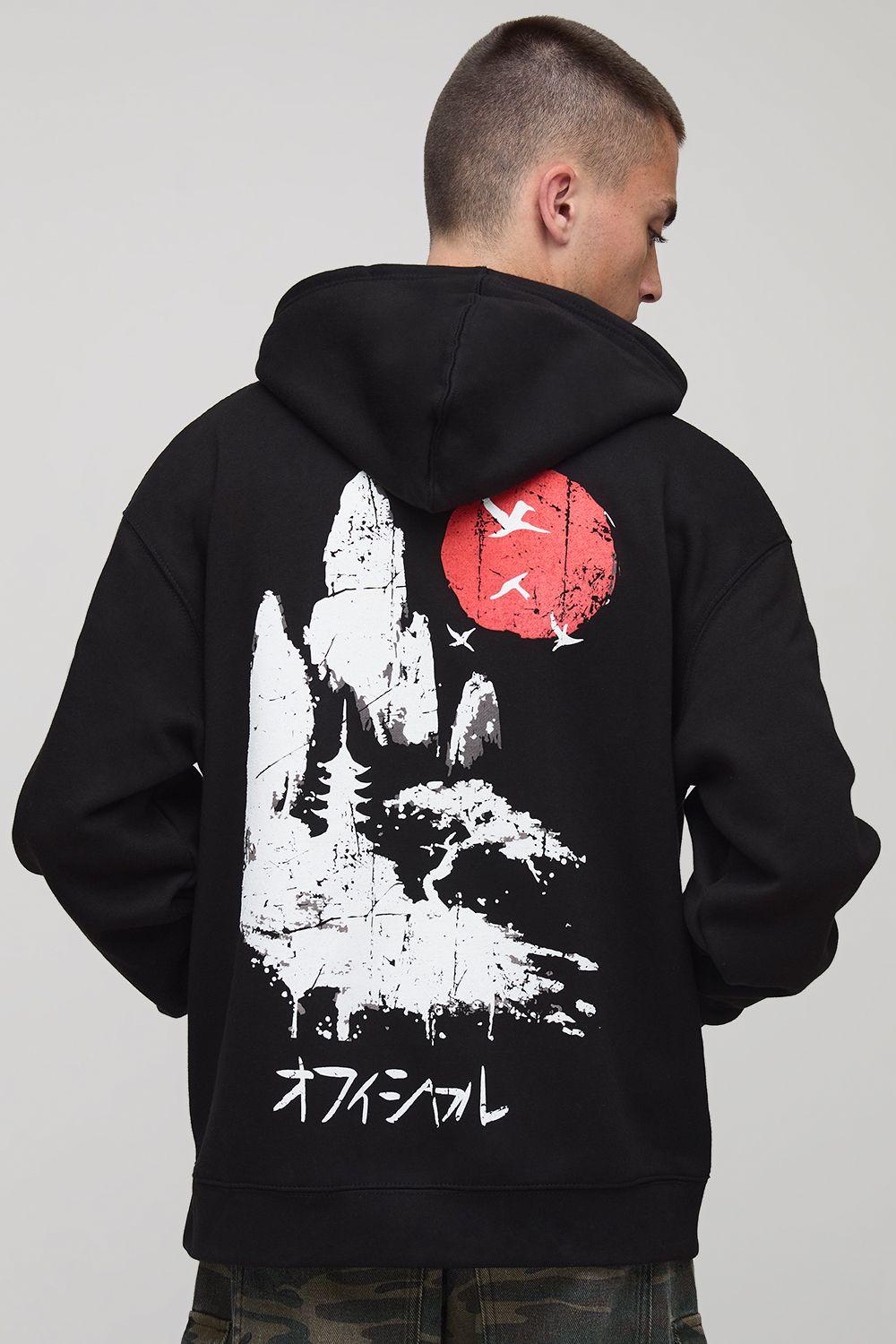 Black Oversized Tokyo Printed Hoodie by BOOHOOMAN