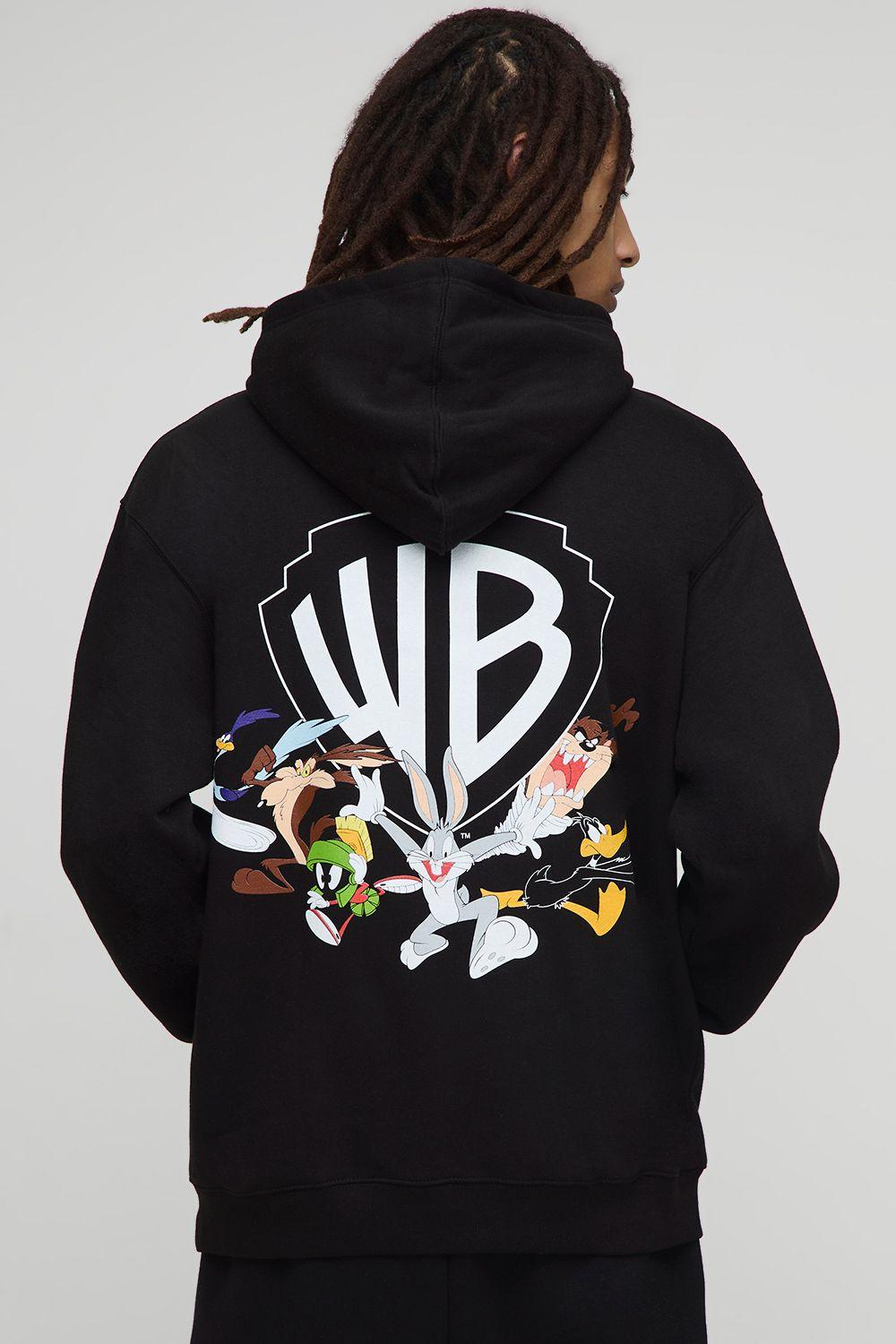 Black Oversized Warner Bros Logo License Printed Hoodie by BOOHOOMAN