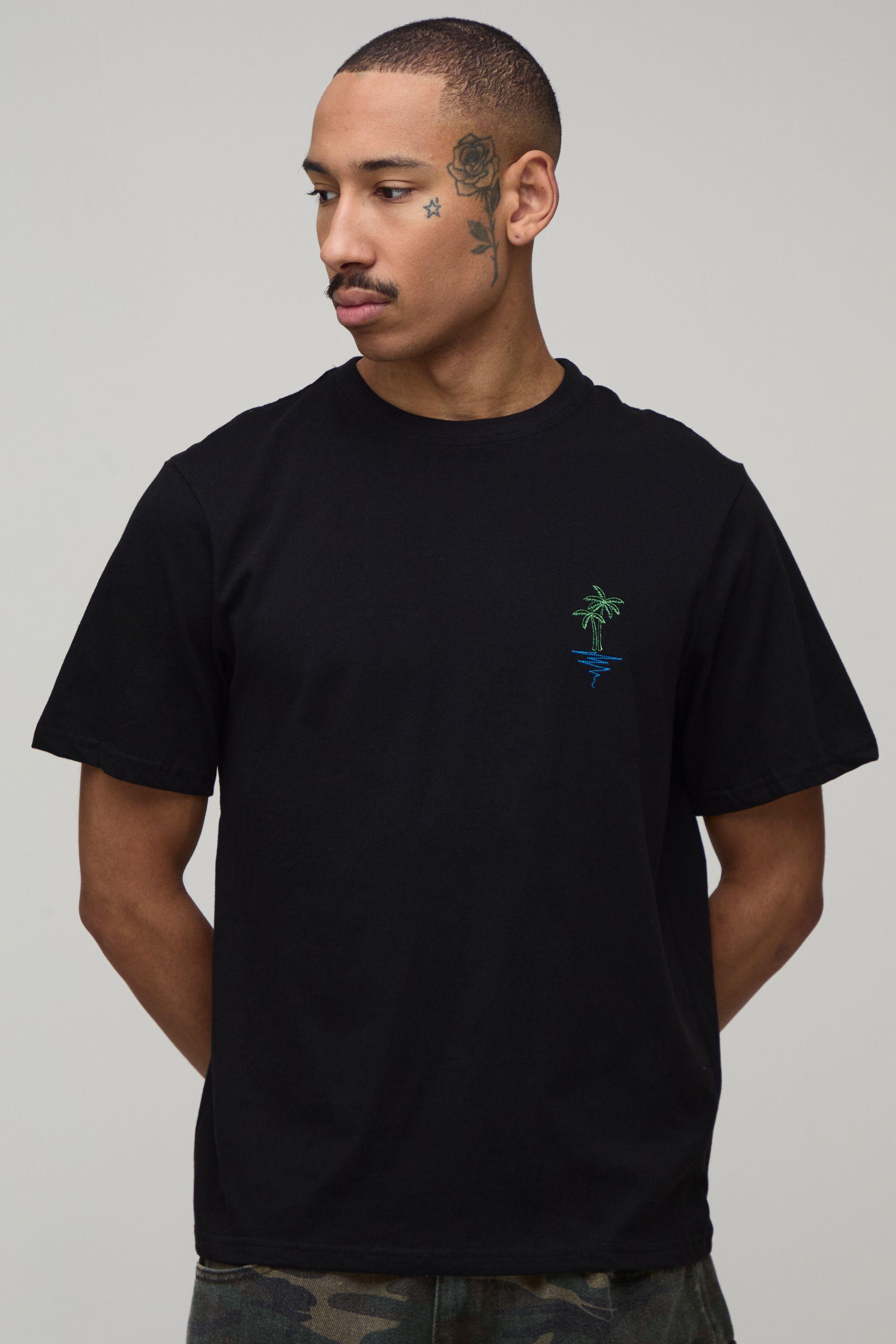 Black Regular Fit Palm Tree Embroidered T-Shirt by BOOHOOMAN