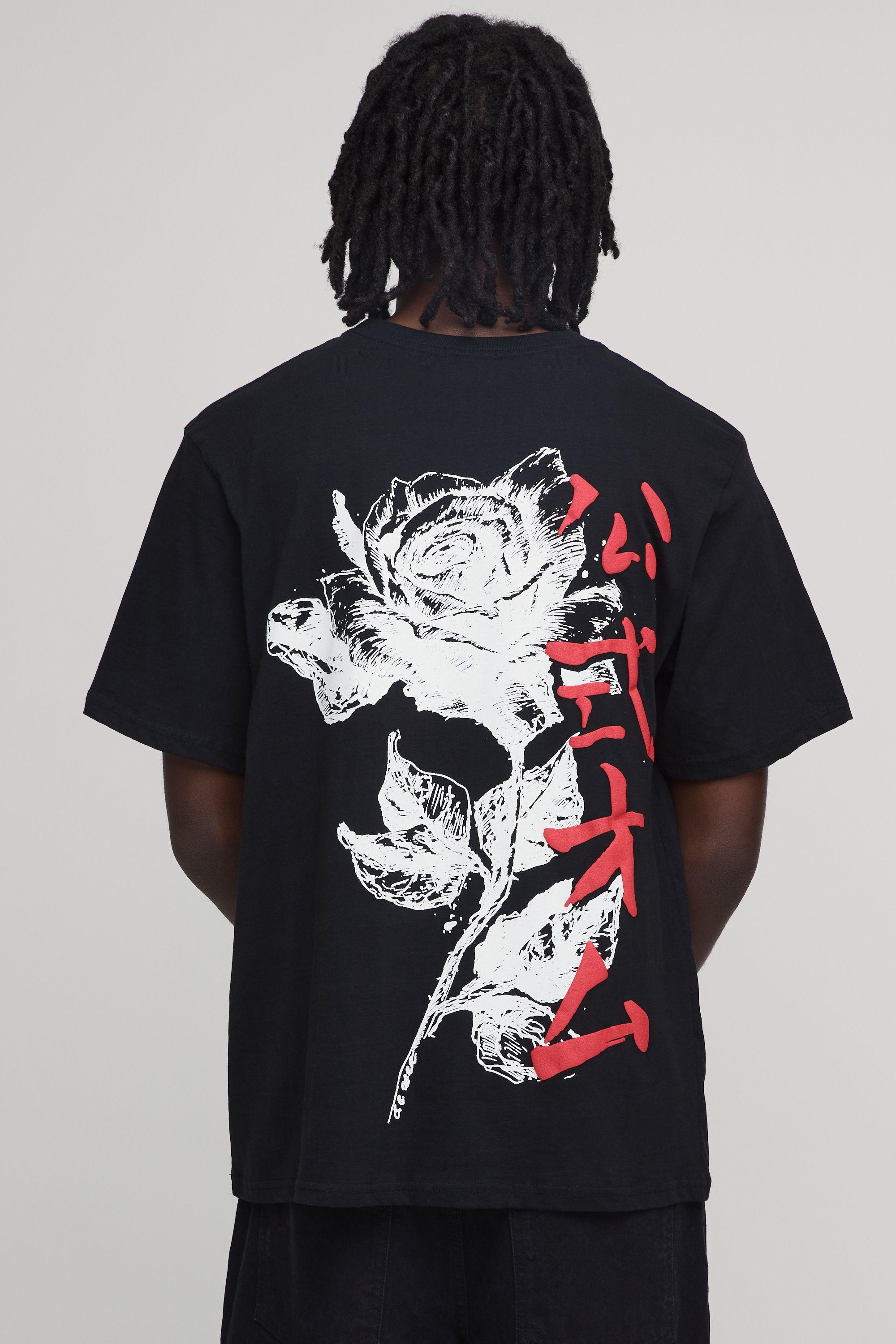 Black Relaxed Rose Puff Print T-Shirt by BOOHOOMAN