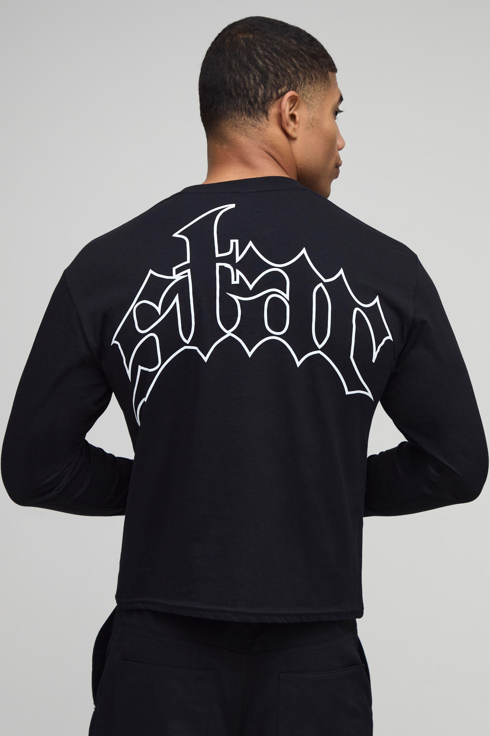 Black Shrunken Fit Star Printed Long Sleeve T-Shirt by BOOHOOMAN
