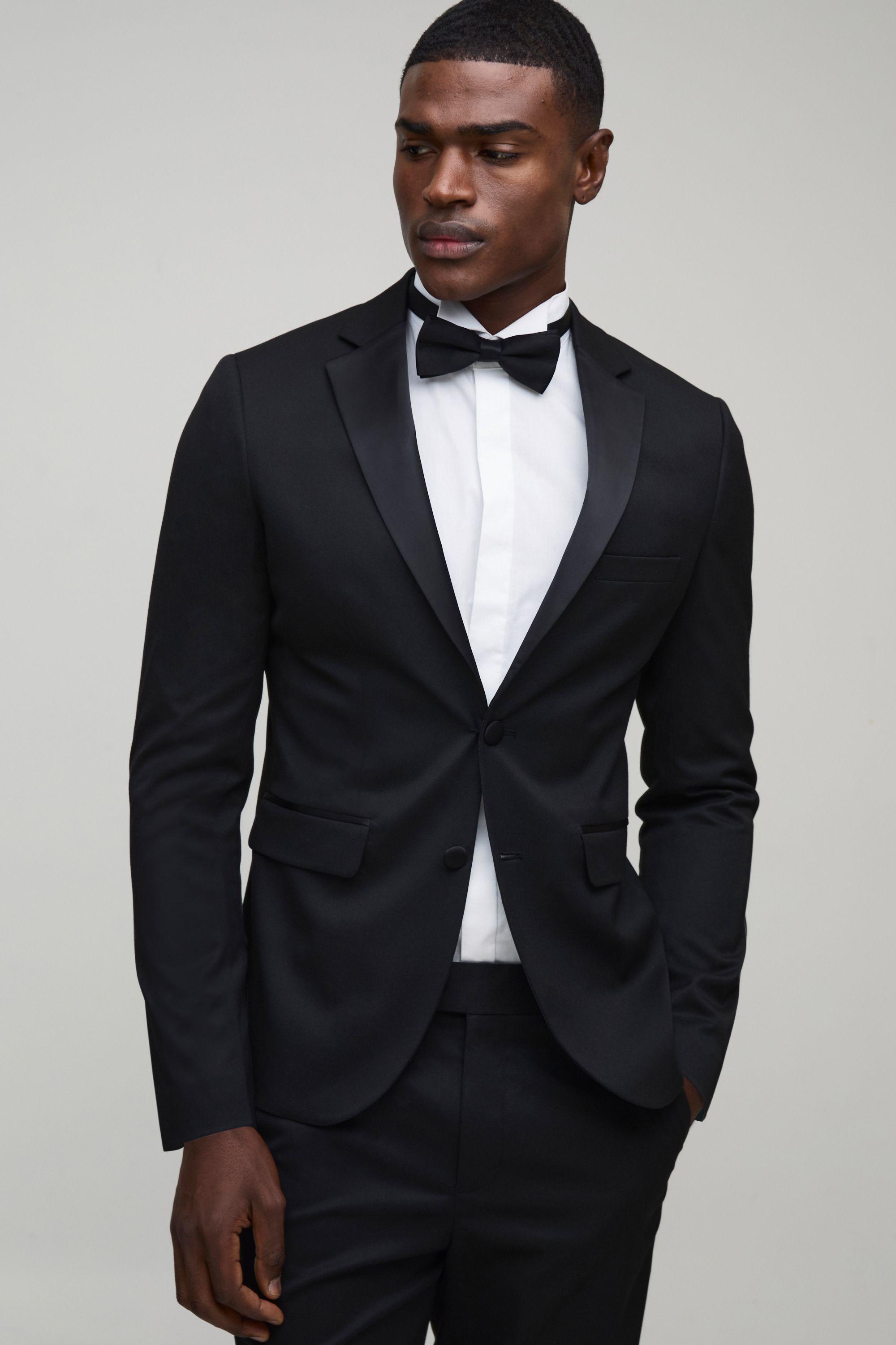 Black Skinny Fit Tuxedo Suit Jacket by BOOHOOMAN
