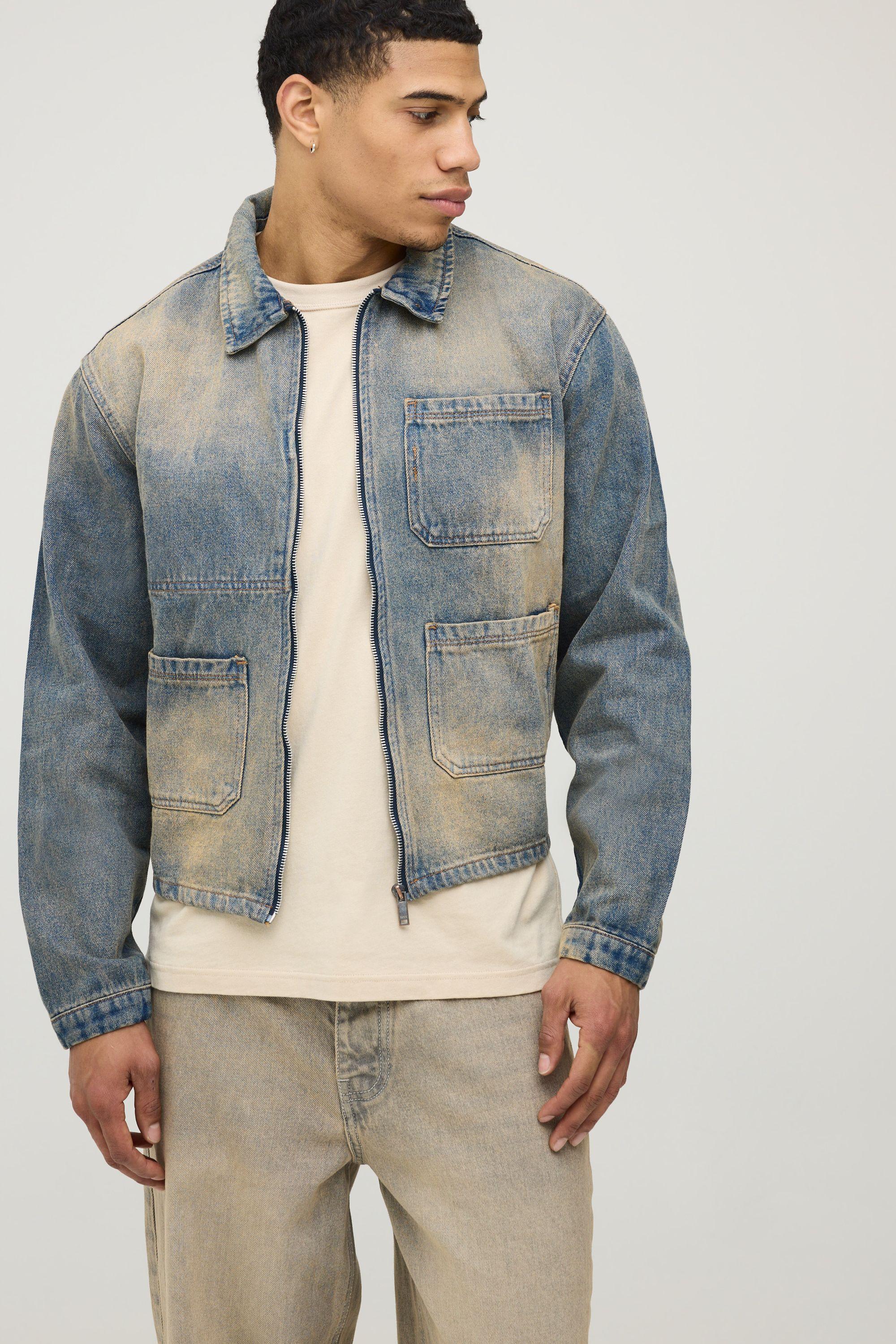 Bleached Washed Boxy Harrington Denim Jacket by BOOHOOMAN