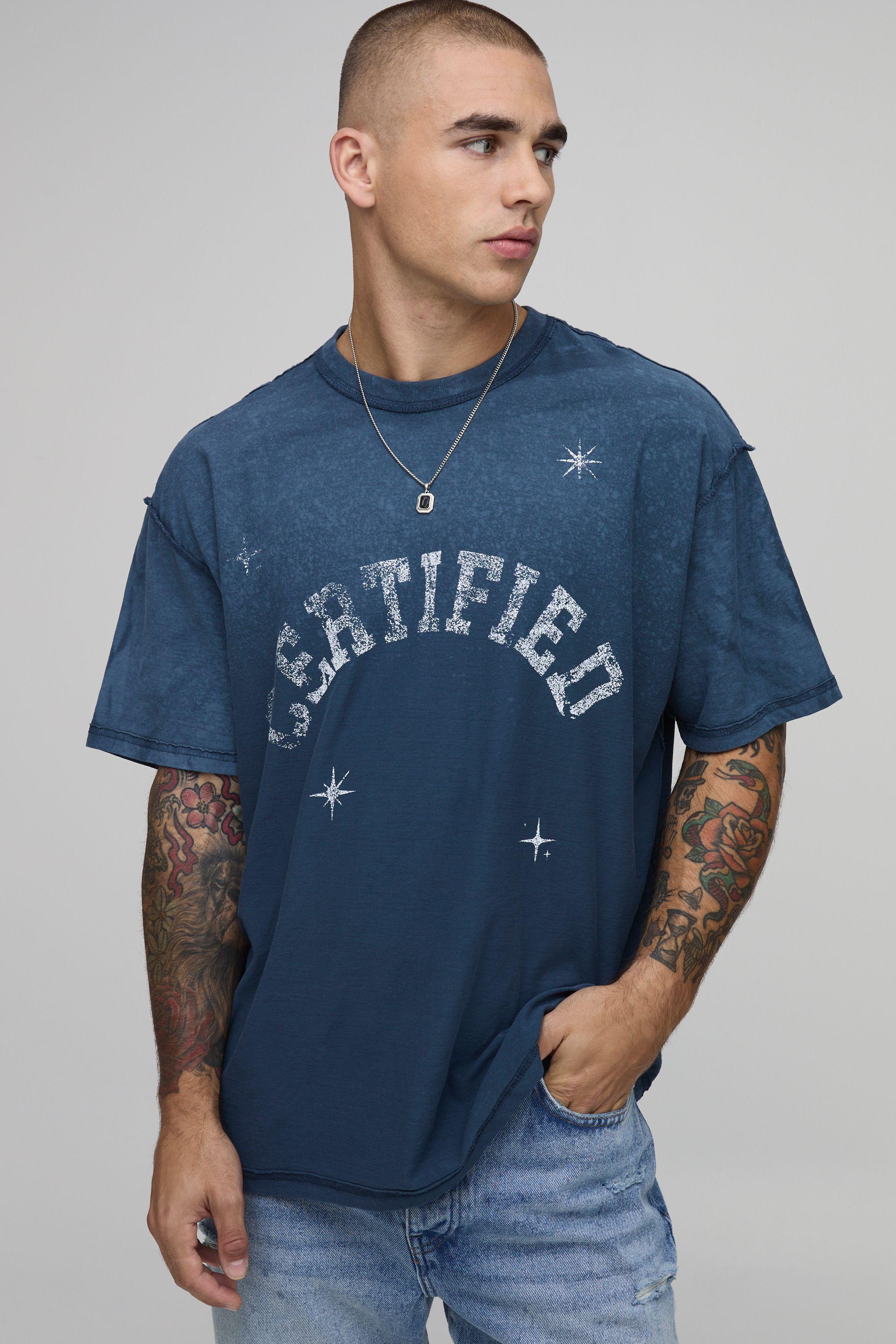 Blue Oversized Official Spray Wash Exposed Seam T-Shirt by BOOHOOMAN