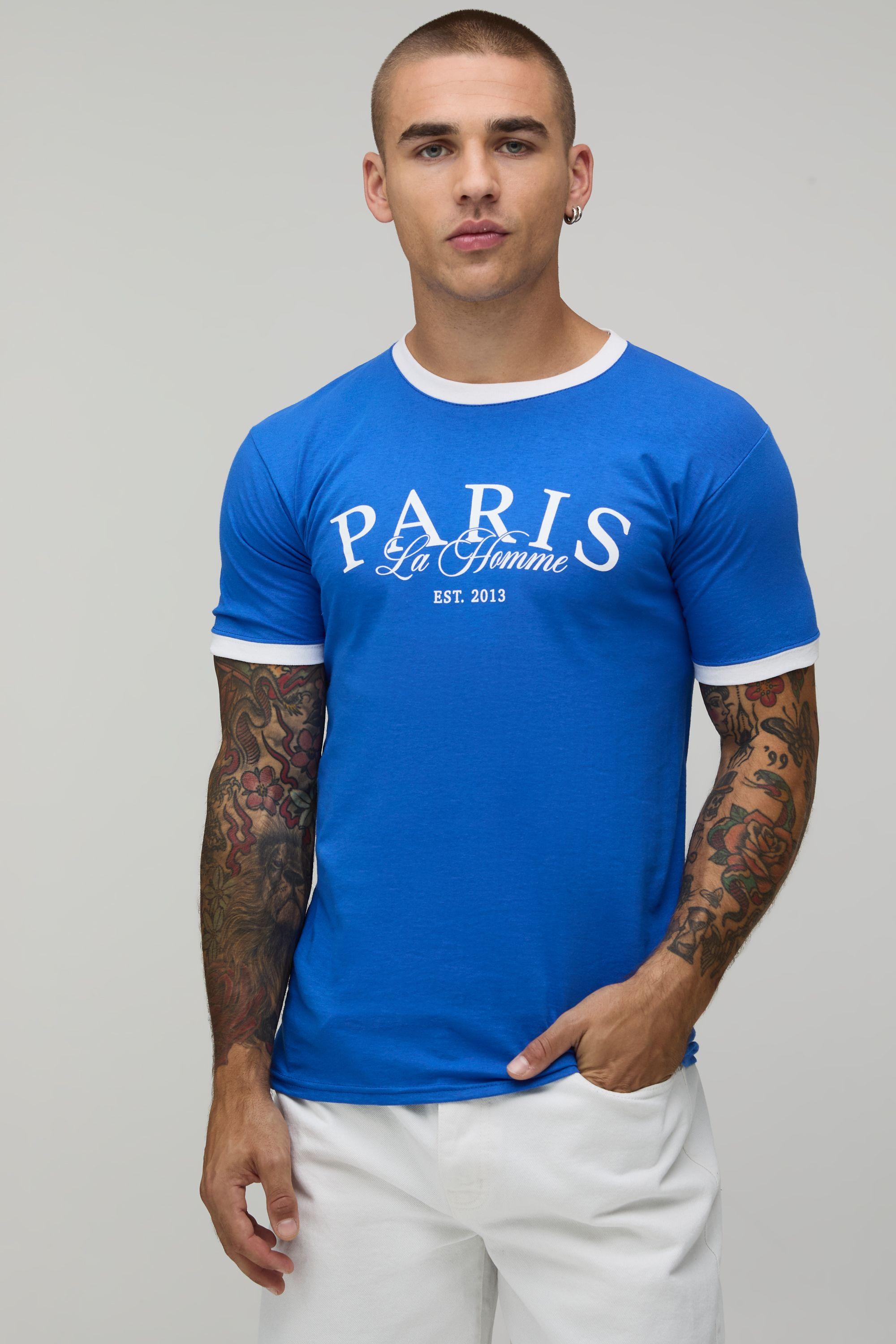 Blue Regular Paris Print Ringer T-Shirt by BOOHOOMAN