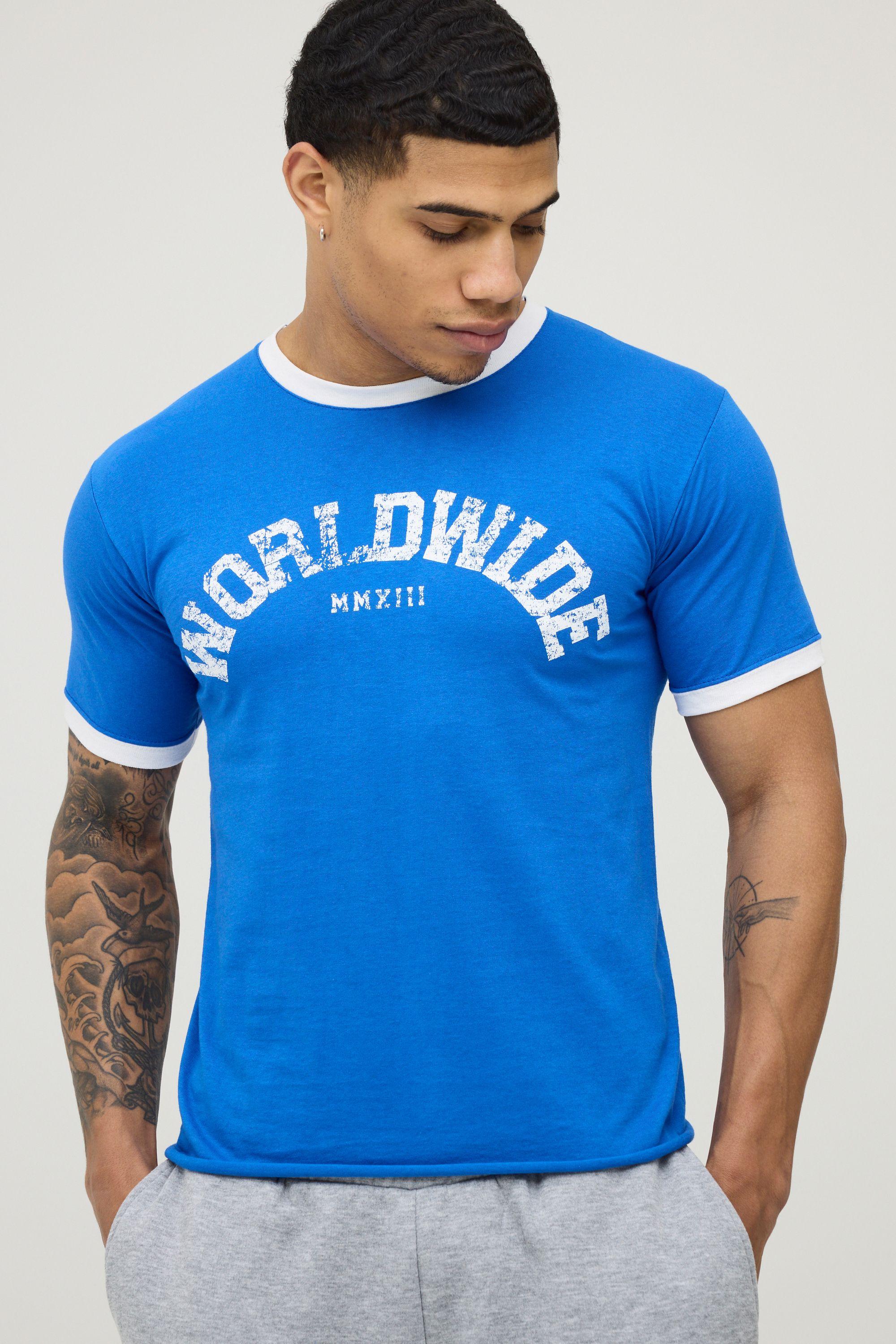 Blue Regular Print Raw Hem Ringer T-Shirt by BOOHOOMAN