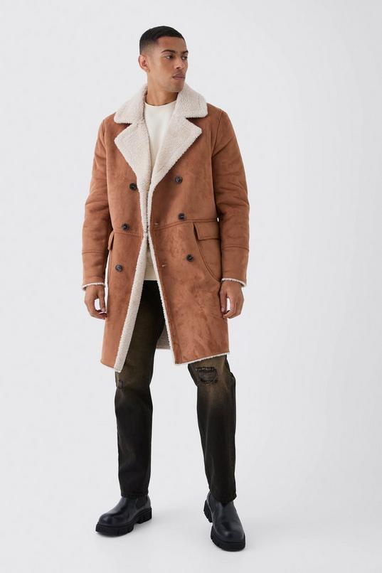 Borg Lined Double Breasted Overcoat in Tan by BOOHOOMAN
