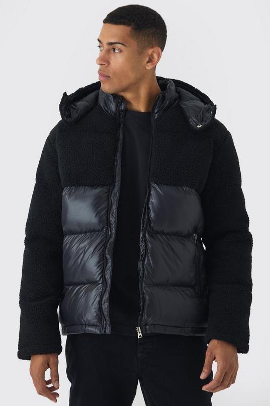 Borg and High Shine Hooded Puffer in Black by BOOHOOMAN