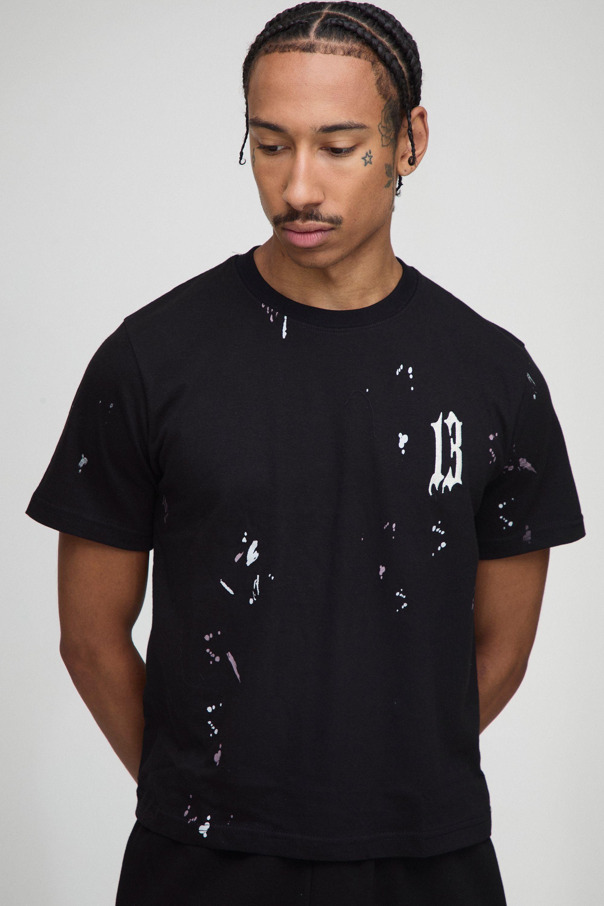 Boxy 13 Embroidered Paint Splatter T-Shirt by BOOHOOMAN