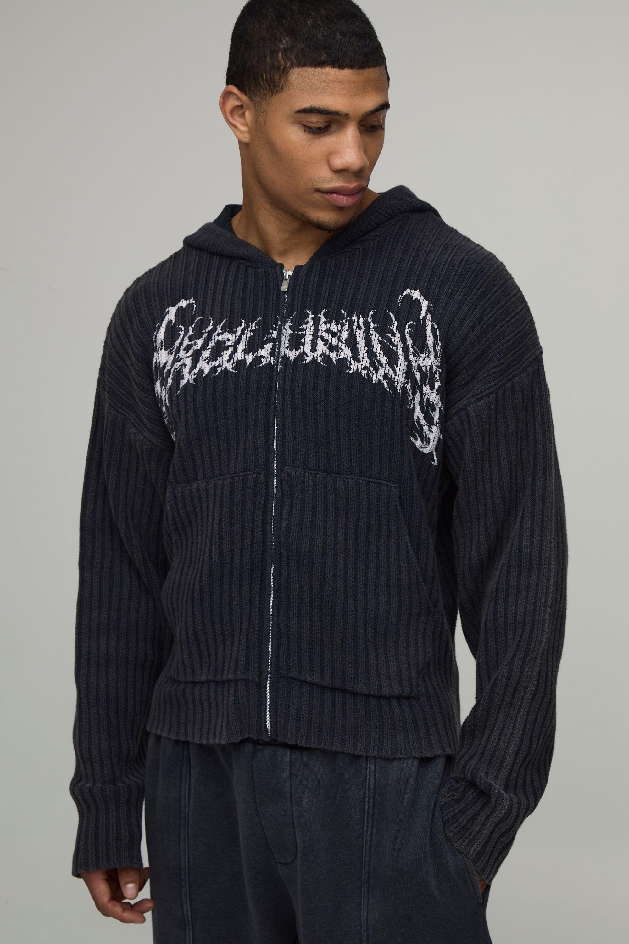 Boxy Acid Wash Gothic Ribbed Hoodie by BOOHOOMAN