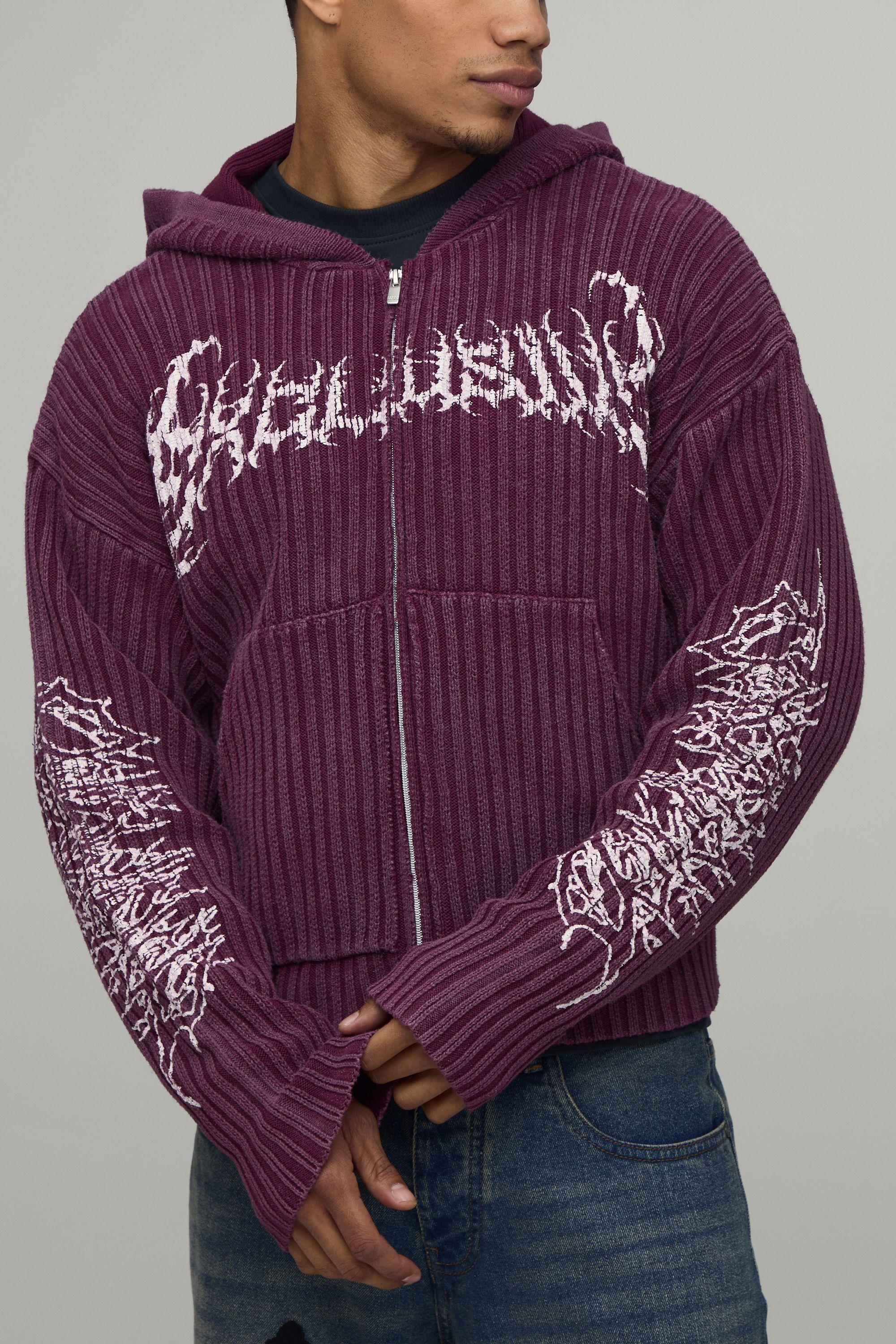 Boxy Acid Wash Gothic Ribbed Knitted Hoodie by BOOHOOMAN