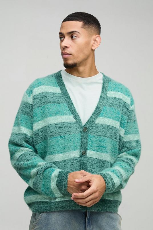 Boxy Brushed Stripe Knitted Cardigan by BOOHOOMAN