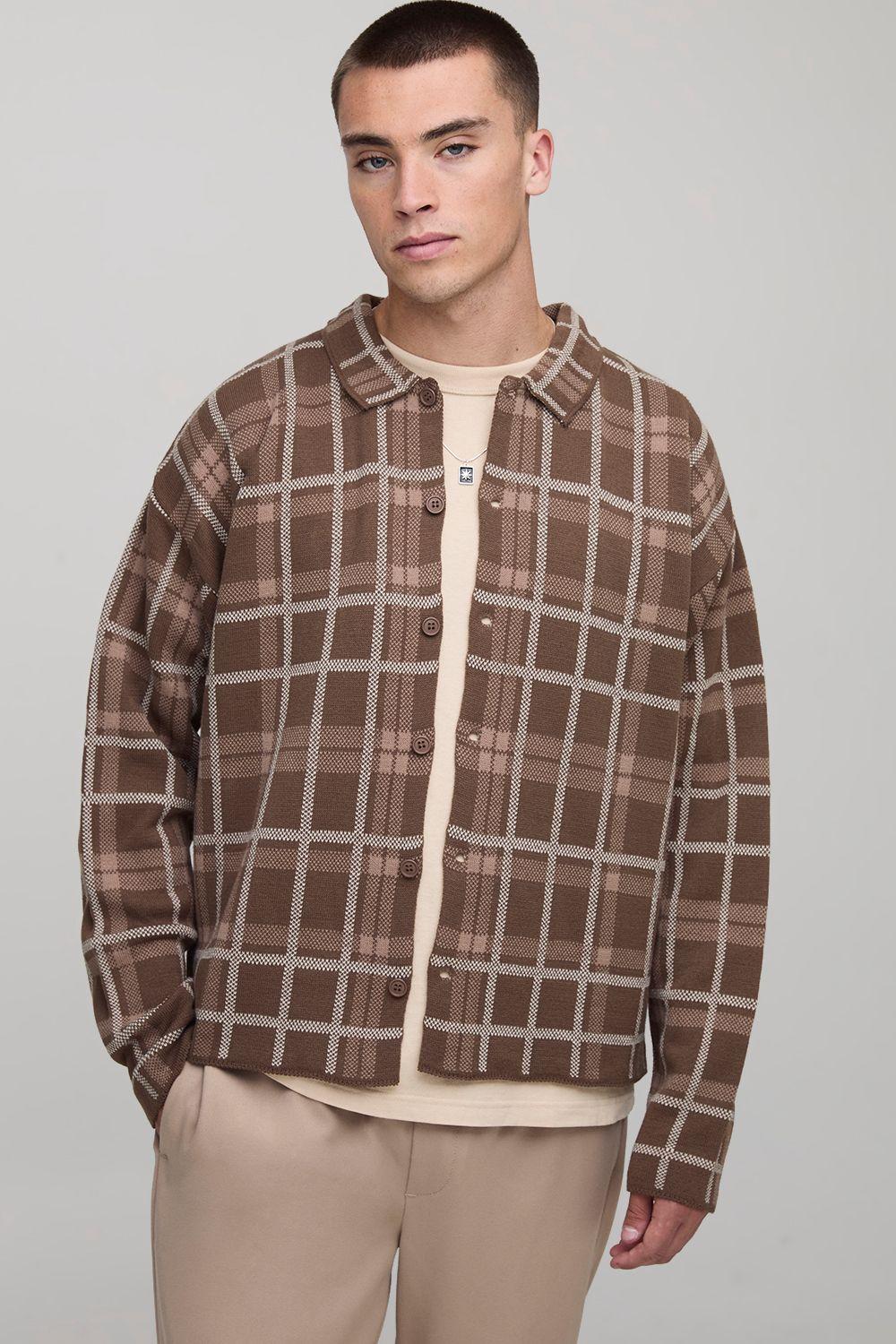Boxy Check Knitted Shirt by BOOHOOMAN