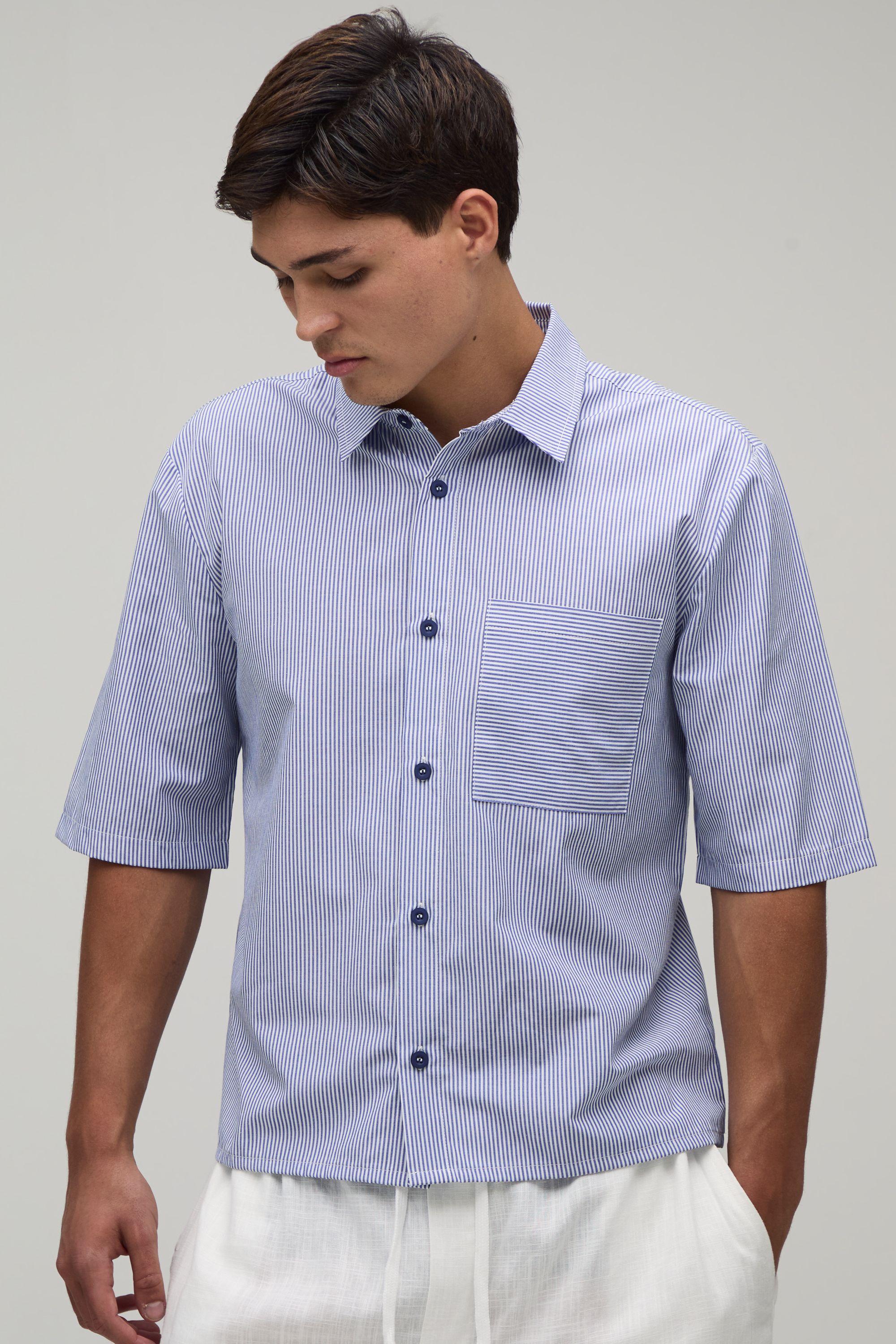 Boxy Crop Half Sleeve Stripe Shirt by BOOHOOMAN Boxy Crop Half Sleeve Stripe Shirt by BOOHOOMAN