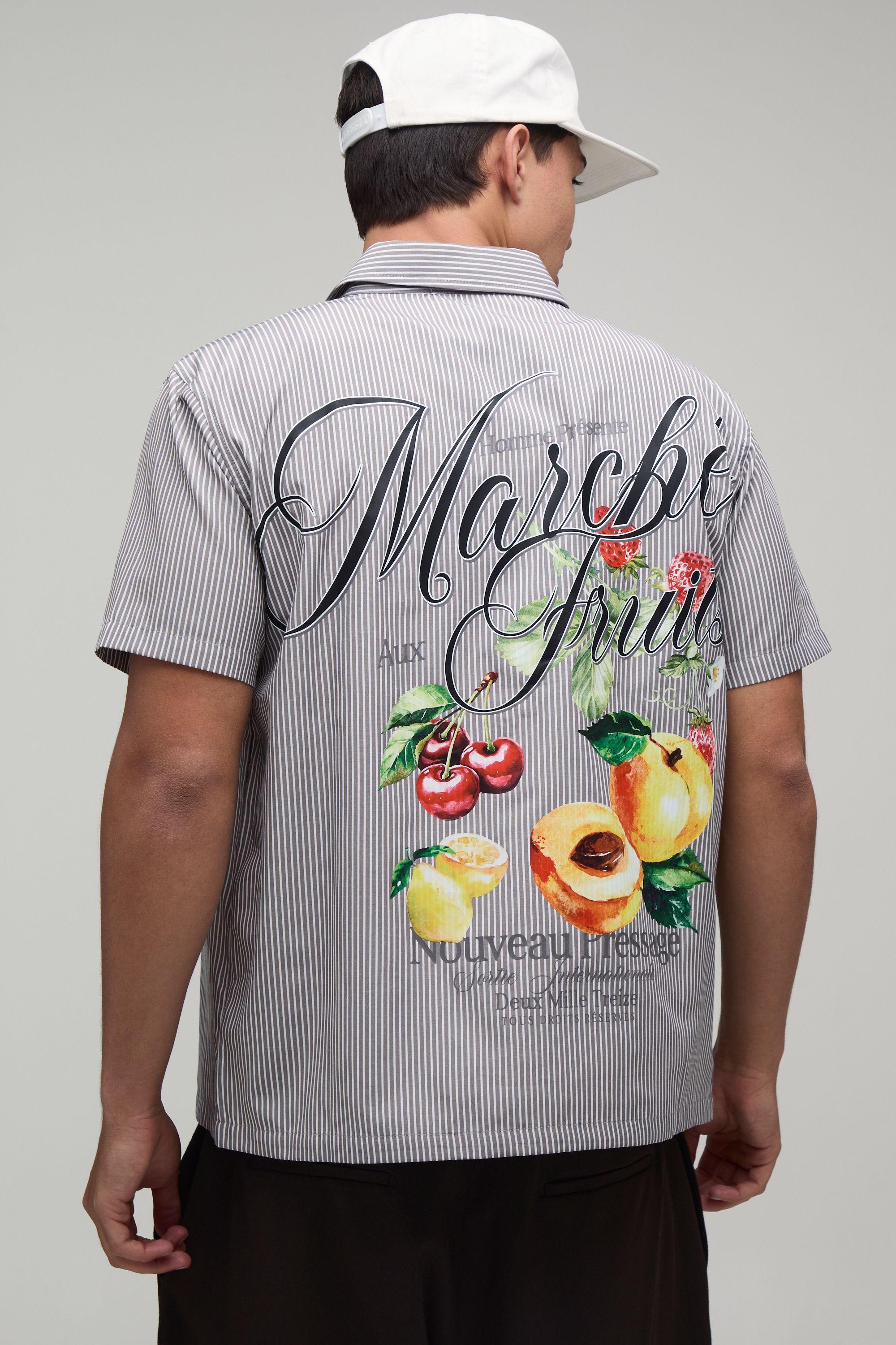 Boxy Crop Stripe Back Fruit Print Half Sleeve Shirt by BOOHOOMAN