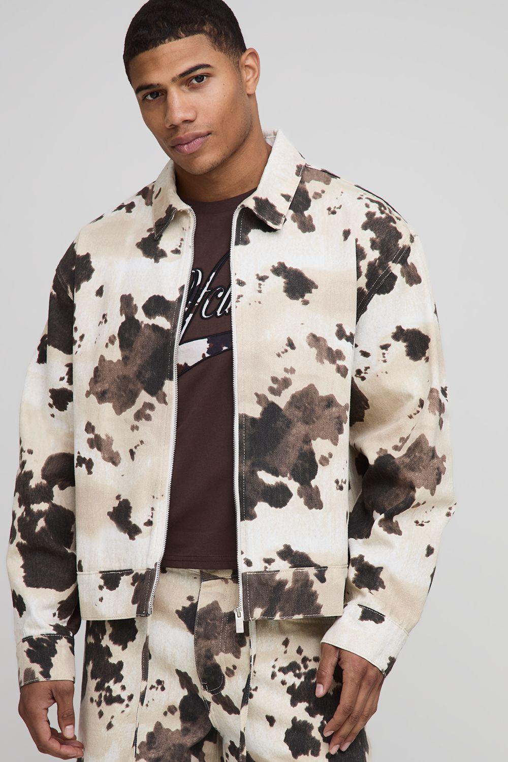 Boxy Denim Cow Print Bomber Jacket by BOOHOOMAN