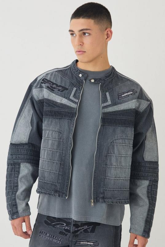 Boxy Denim Moto Applique Biker Jacket by BOOHOOMAN