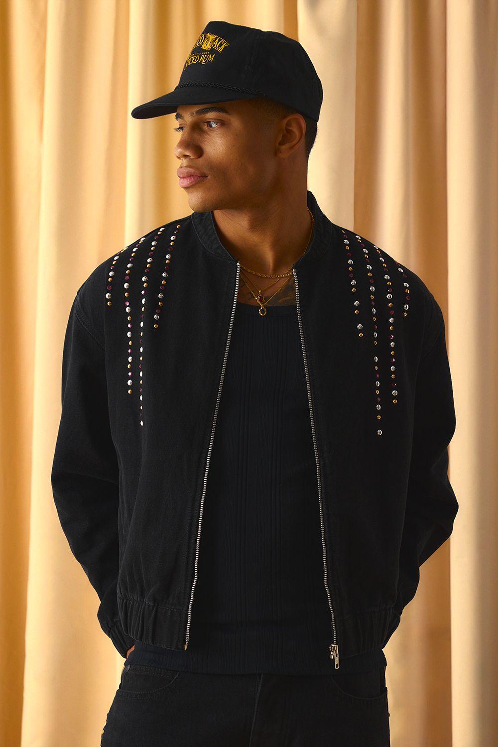 Boxy Embellished Denim Bomber Jacket by BOOHOOMAN