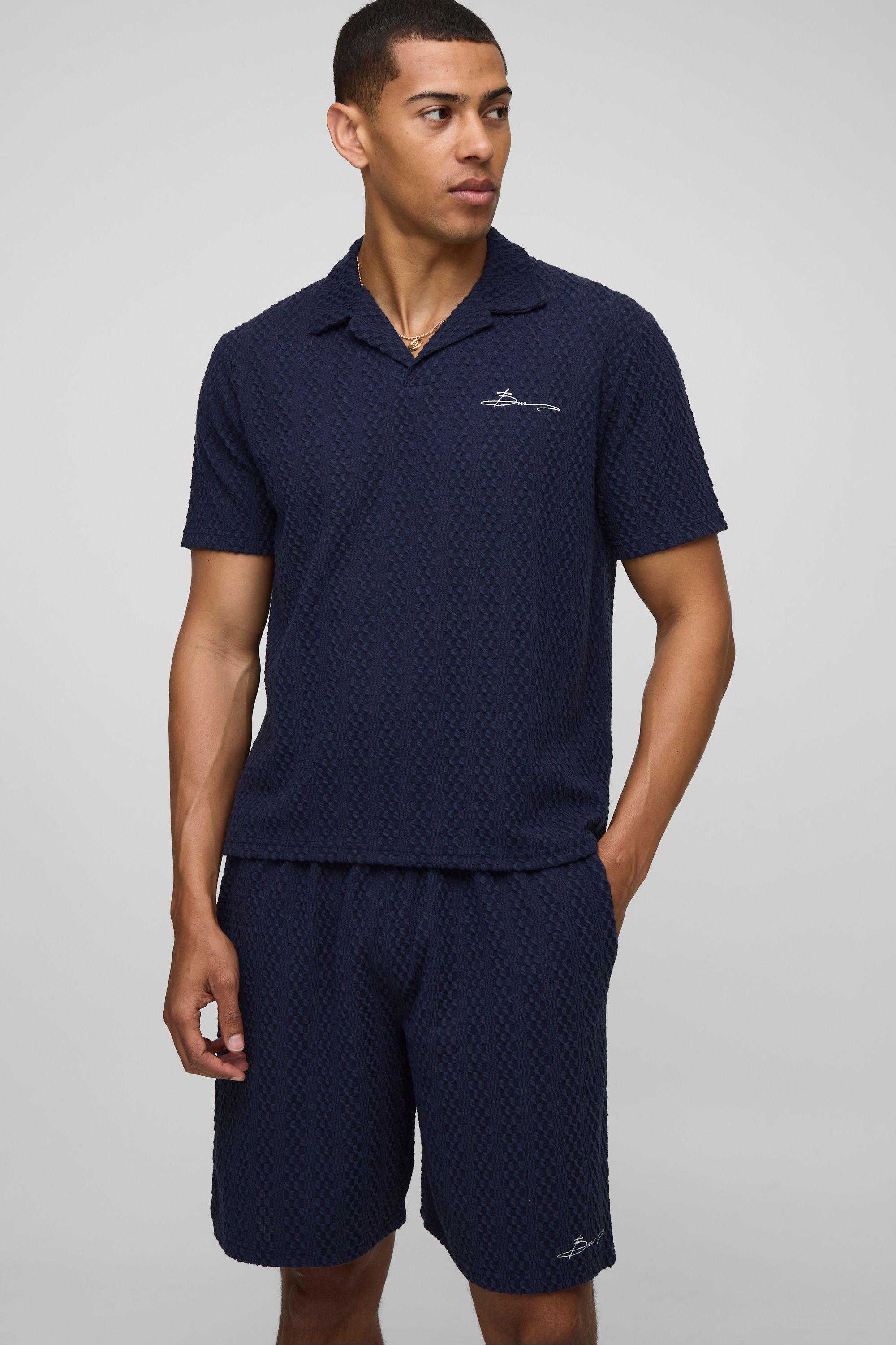 Boxy Embroidered Revere Textured Polo & Relaxed Shorts Set by BOOHOOMAN