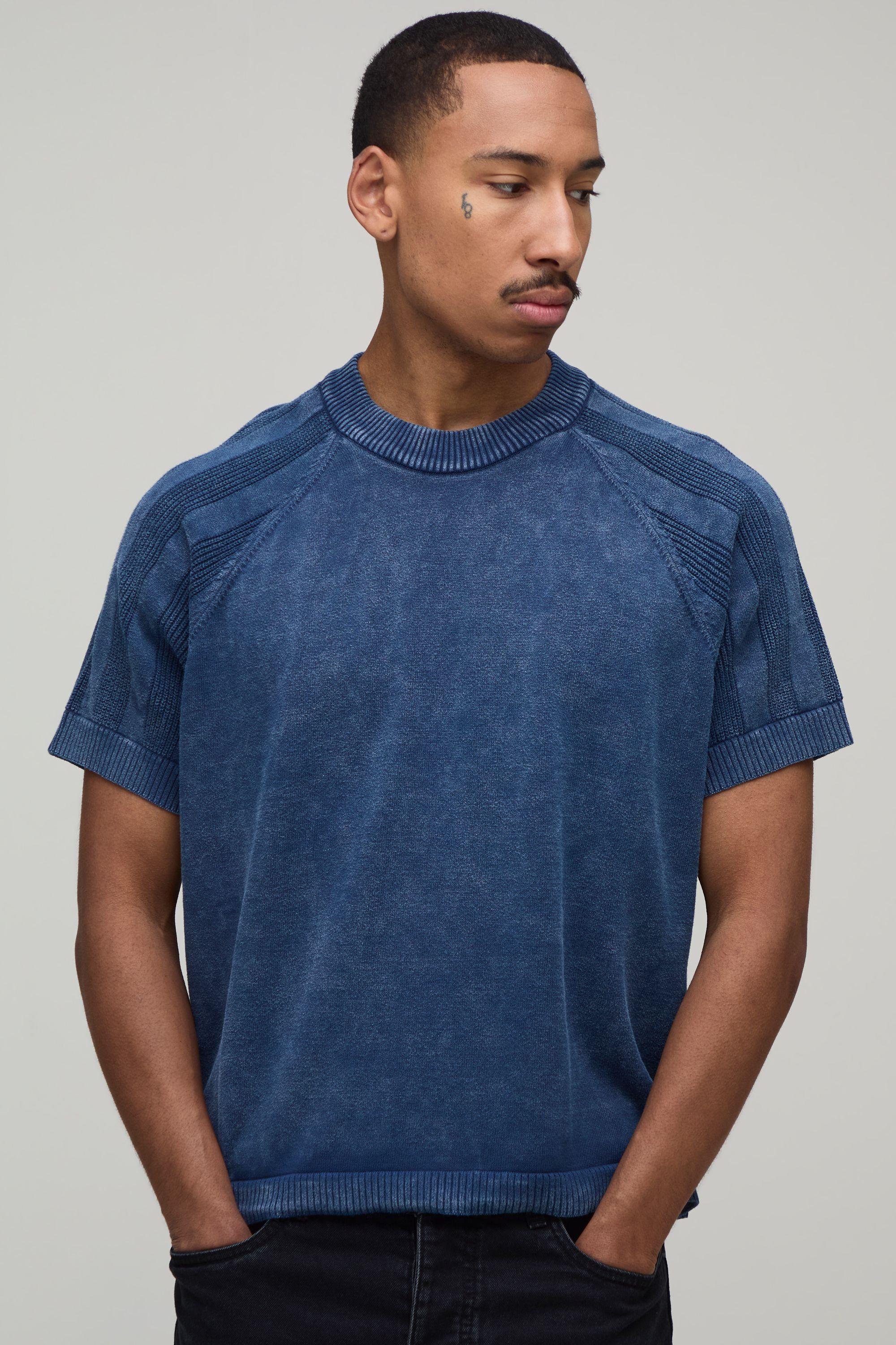 Boxy Fit Acid Wash Ribbed Knitted T-Shirt by BOOHOOMAN