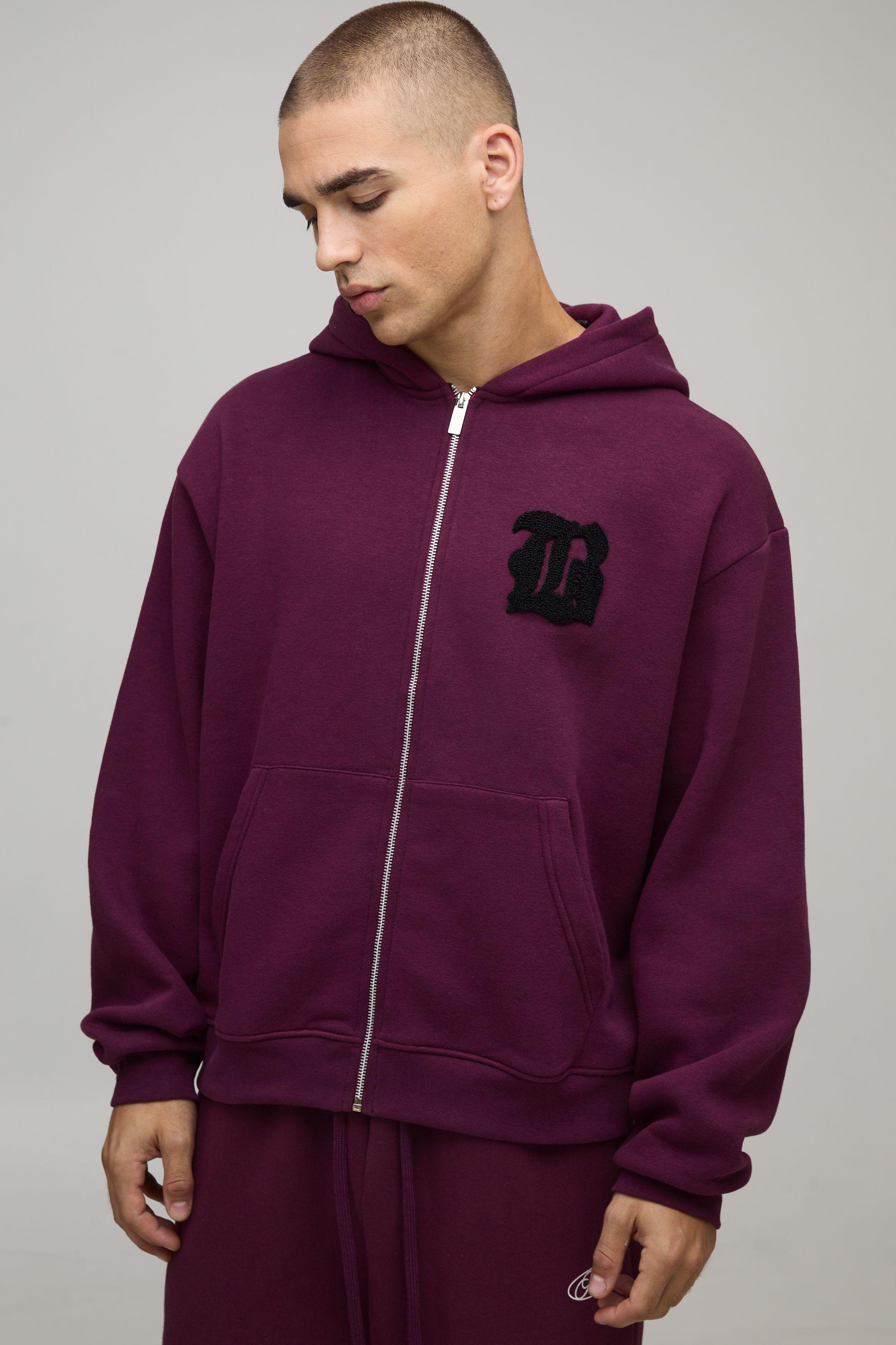 Boxy Fit B Applique Zip Through Hoodie by BOOHOOMAN