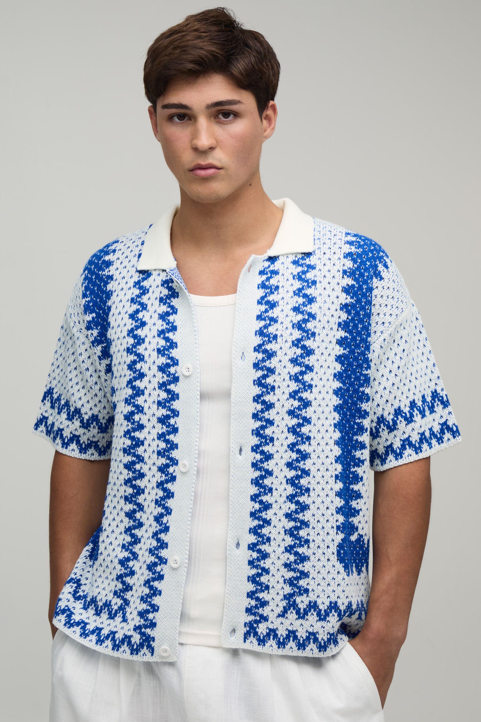 Boxy Fit Border Open Stitch Knitted Shirt by BOOHOOMAN