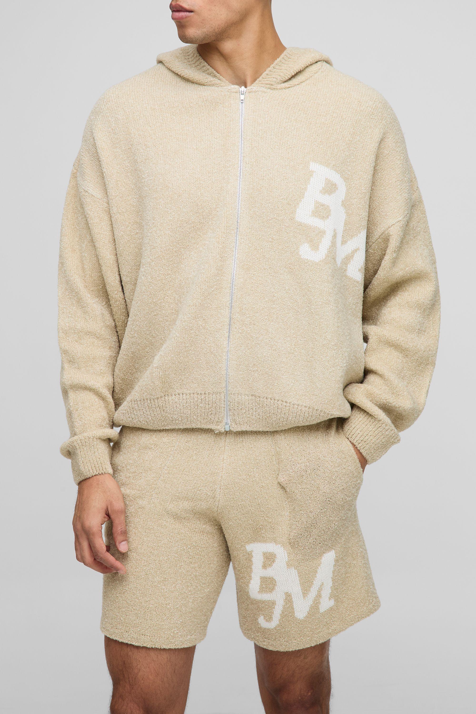 Boxy Fit Boucle BM Knitted Zip Through Hoodie and Shorts Set by BOOHOOMAN