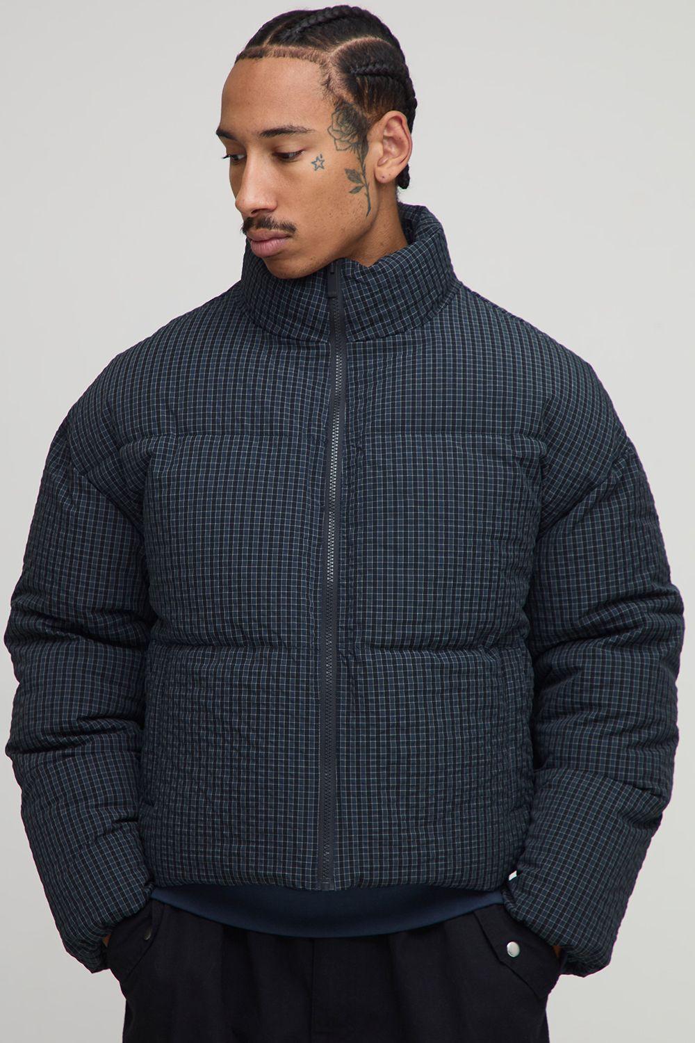 Boxy Fit Check Funnel Neck Puffer Jacket by BOOHOOMAN