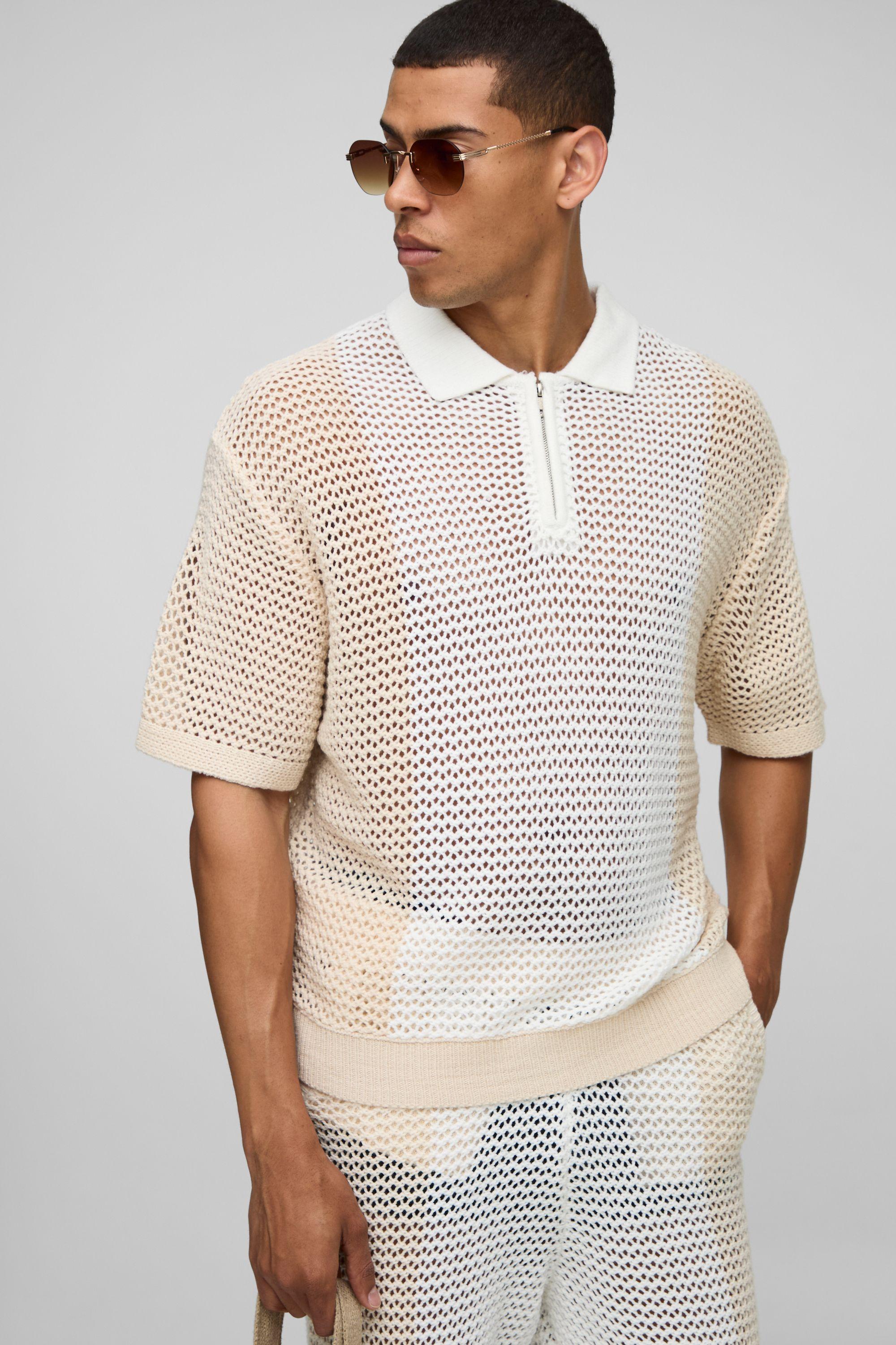 Boxy Fit Colour Block Open Stitch Zip Neck Knitted Polo by BOOHOOMAN