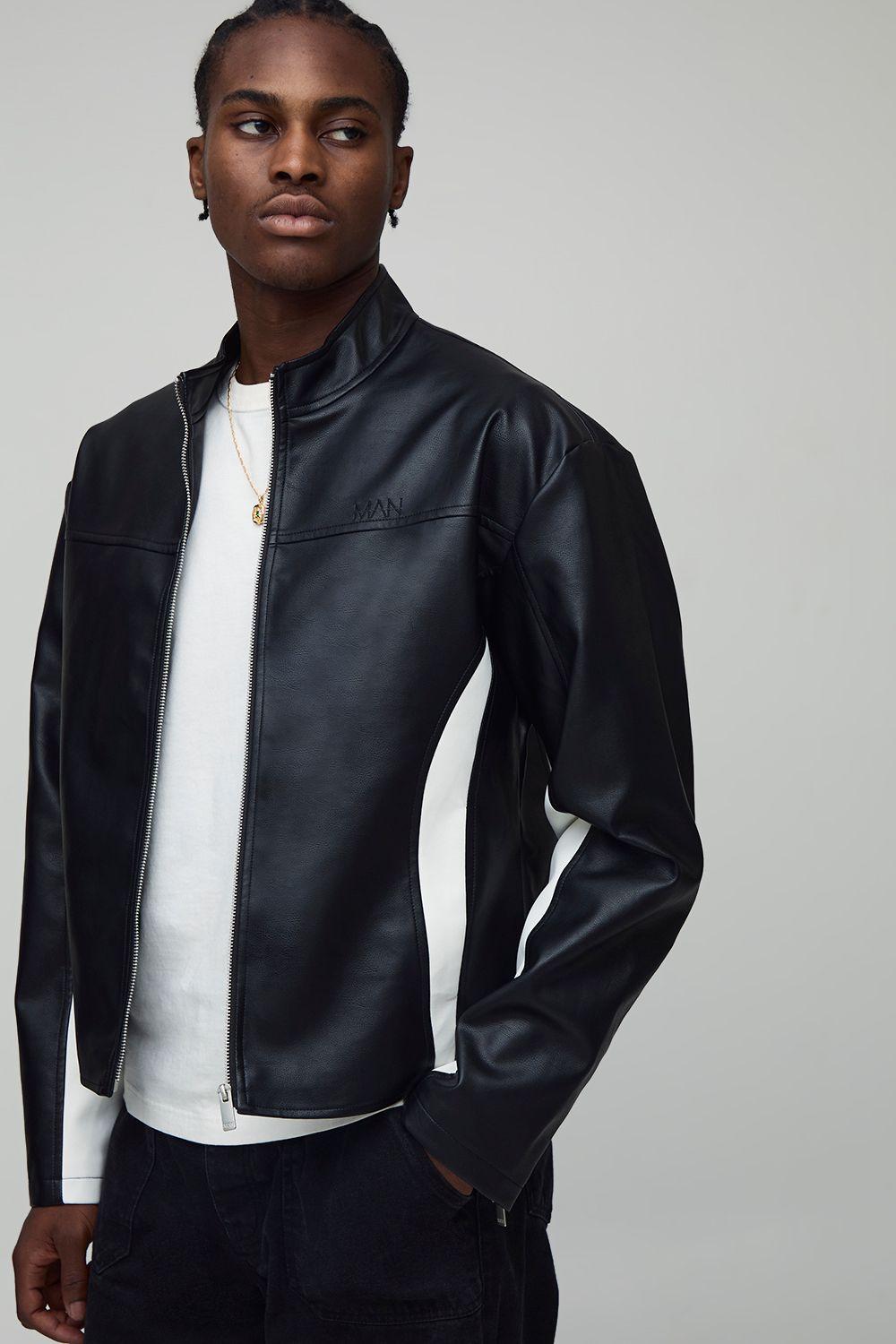 Boxy Fit Colour Block Panel PU Biker Jacket by BOOHOOMAN
