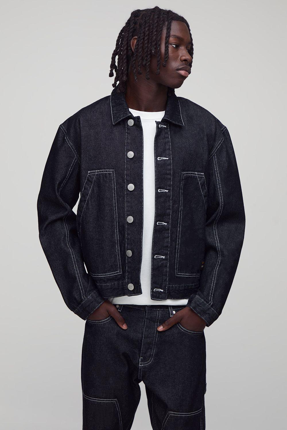 Boxy Fit Contrast Stitch Carpenter Denim Jacket by BOOHOOMAN Boxy Fit Contrast Stitch Carpenter Denim Jacket by BOOHOOMAN