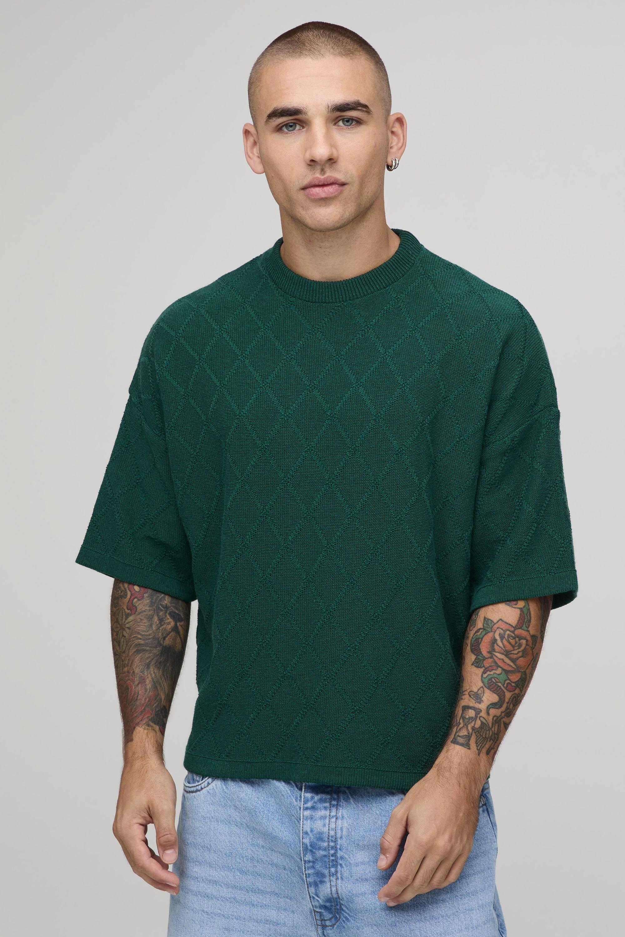Boxy Fit Diamond Stitch Knitted T-Shirt by BOOHOOMAN