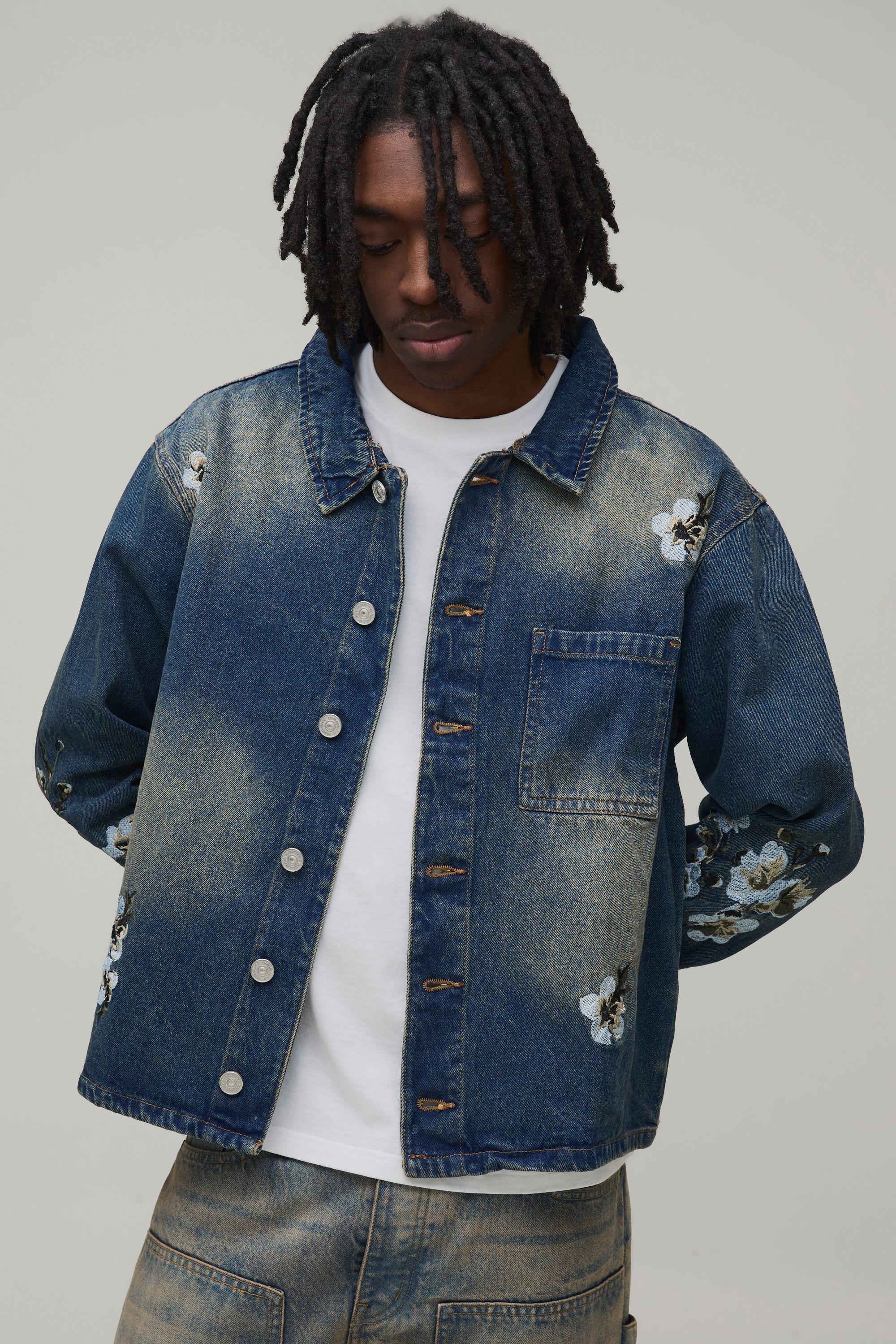 Boxy Fit Floral Embroidered Denim Overshirt by BOOHOOMAN