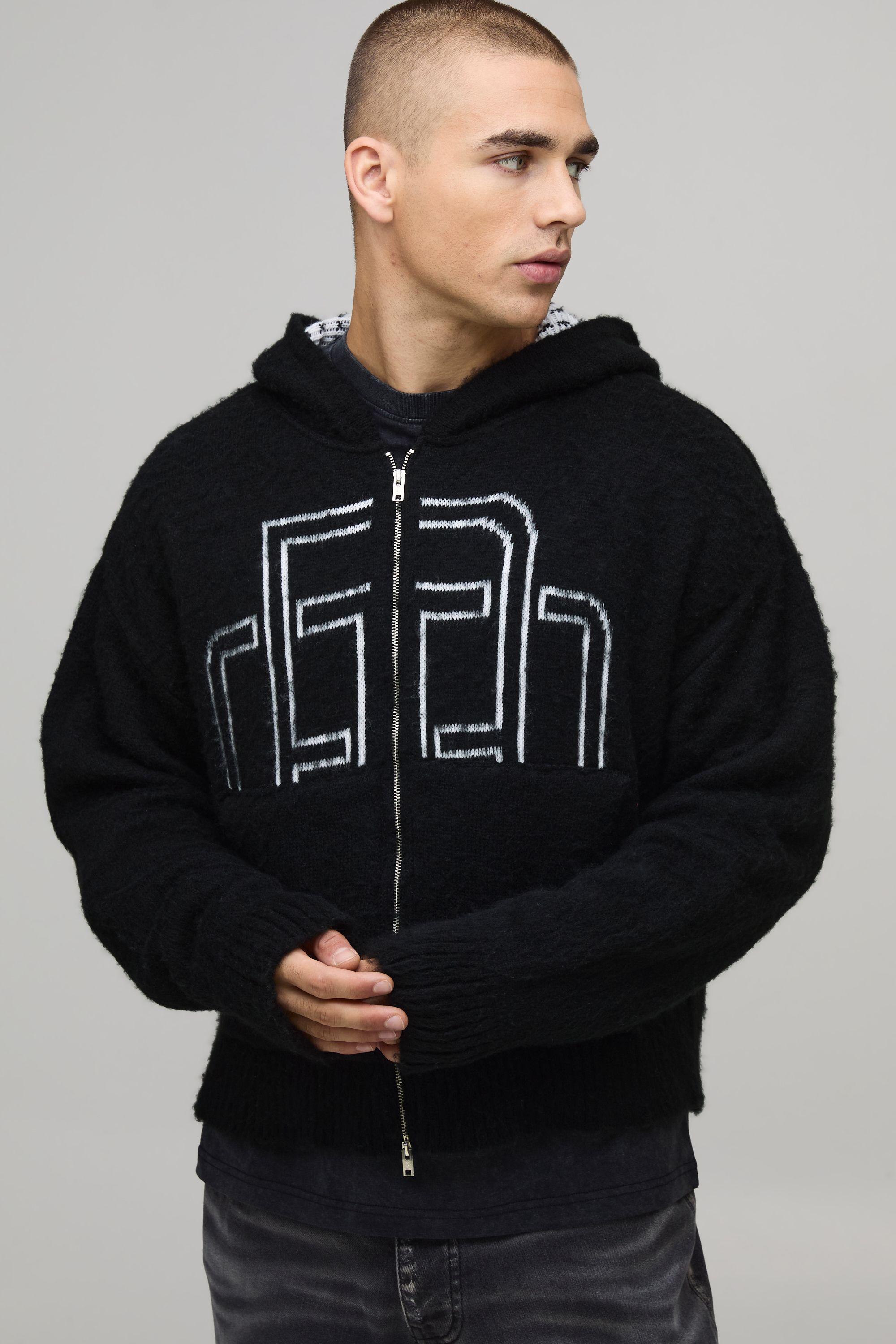 Boxy Fit Fluffy Branded Zip Thru Knitted Hoodie by BOOHOOMAN