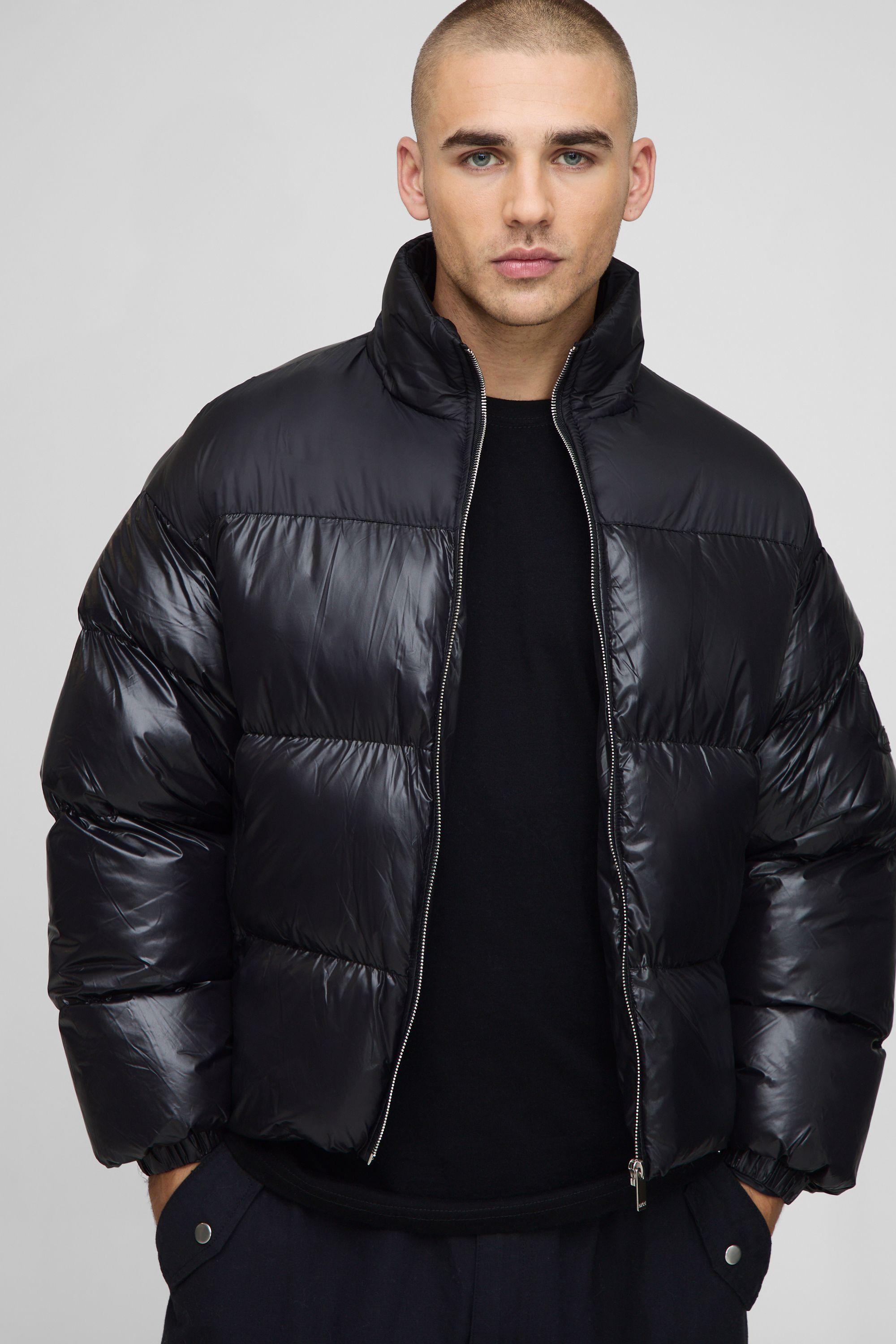 Boxy Fit High Shine Nylon Mix Funnel Neck Puffer Jacket by BOOHOOMAN