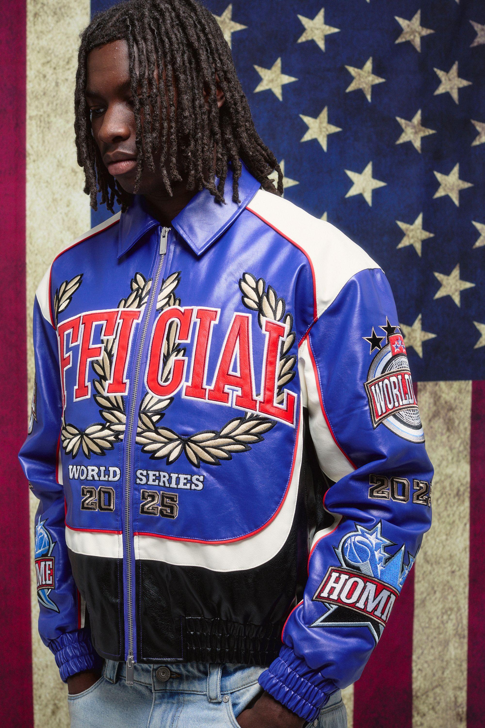 Boxy Fit Homme Applique PU Collared Bomber Jacket by BOOHOOMAN Boxy Fit Homme Applique PU Collared Bomber Jacket by BOOHOOMAN