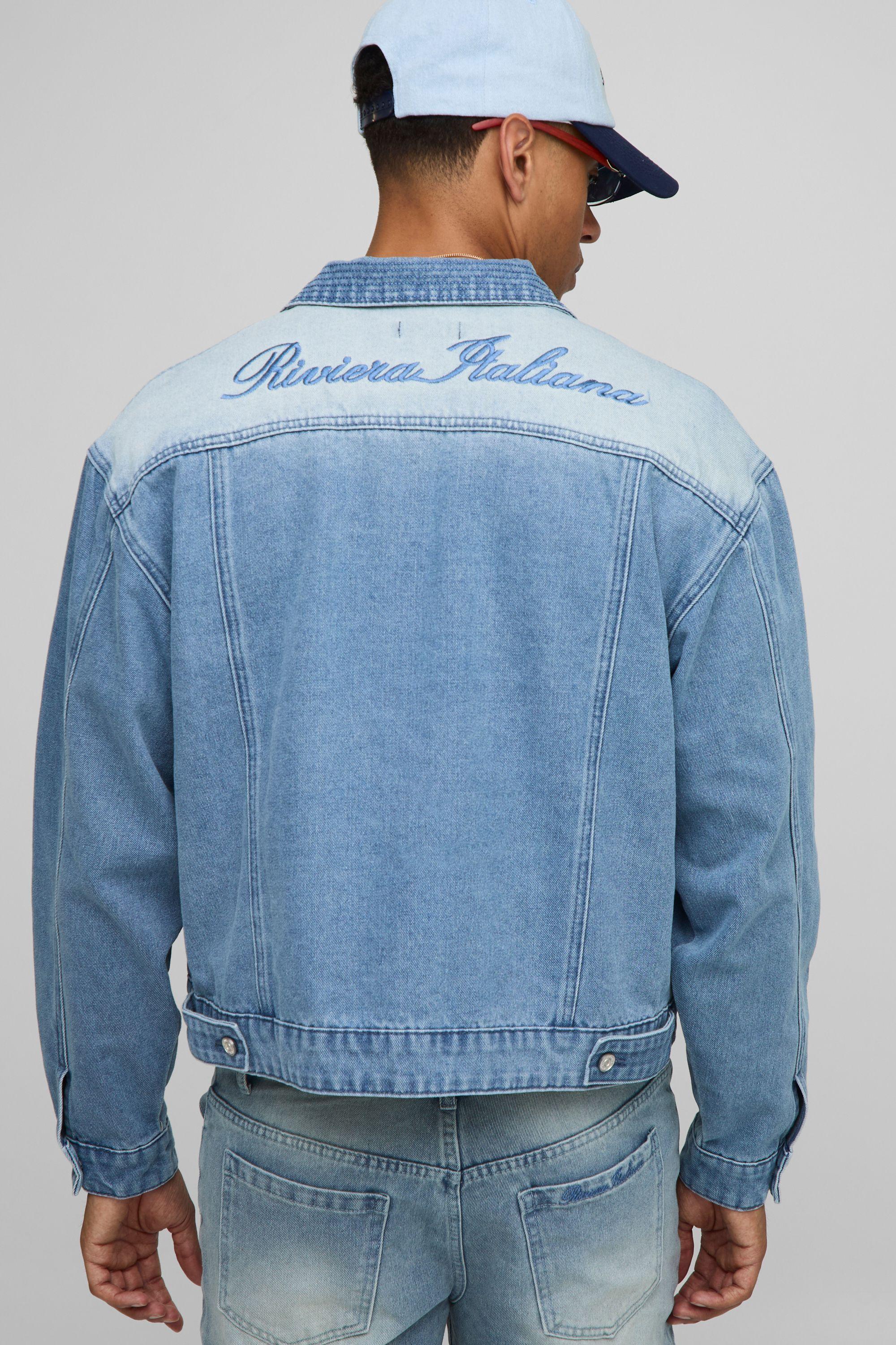 Boxy Fit Ice Blue Washed Embroidered Denim Jacket by BOOHOOMAN