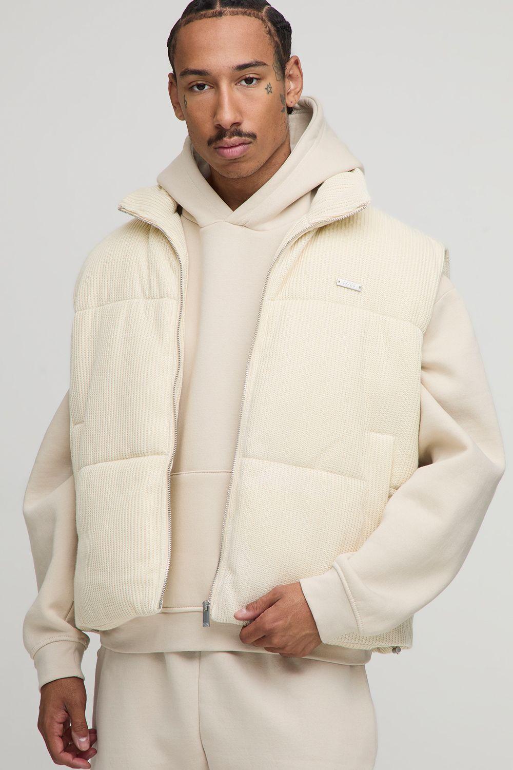 Boxy Fit Knitted Funnel Neck Puffer Gilet by BOOHOOMAN Boxy Fit Knitted Funnel Neck Puffer Gilet by BOOHOOMAN